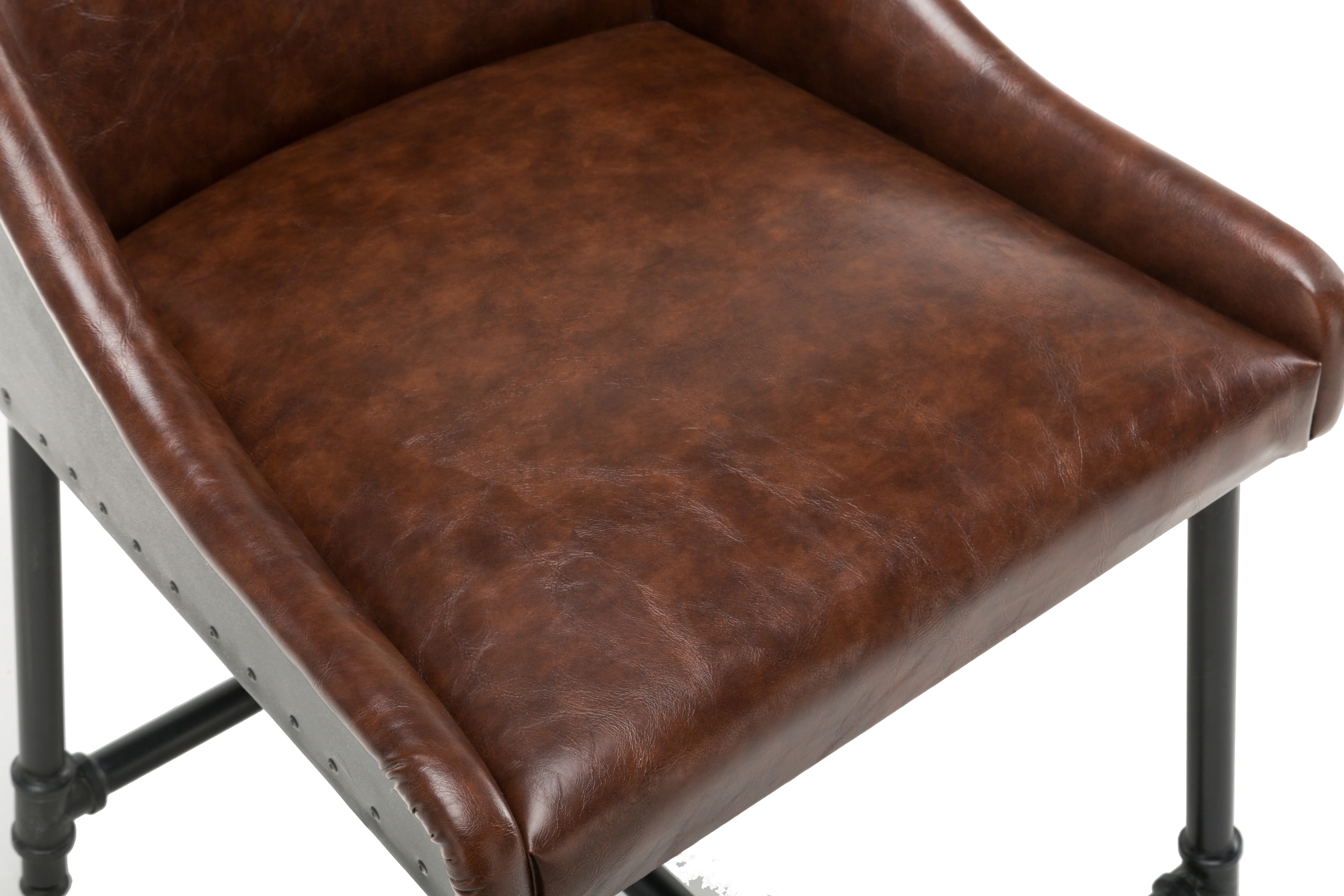 Leatherette Bar Stool with Riveted Metal Backing, Brown and Black By Benzara - Image 3