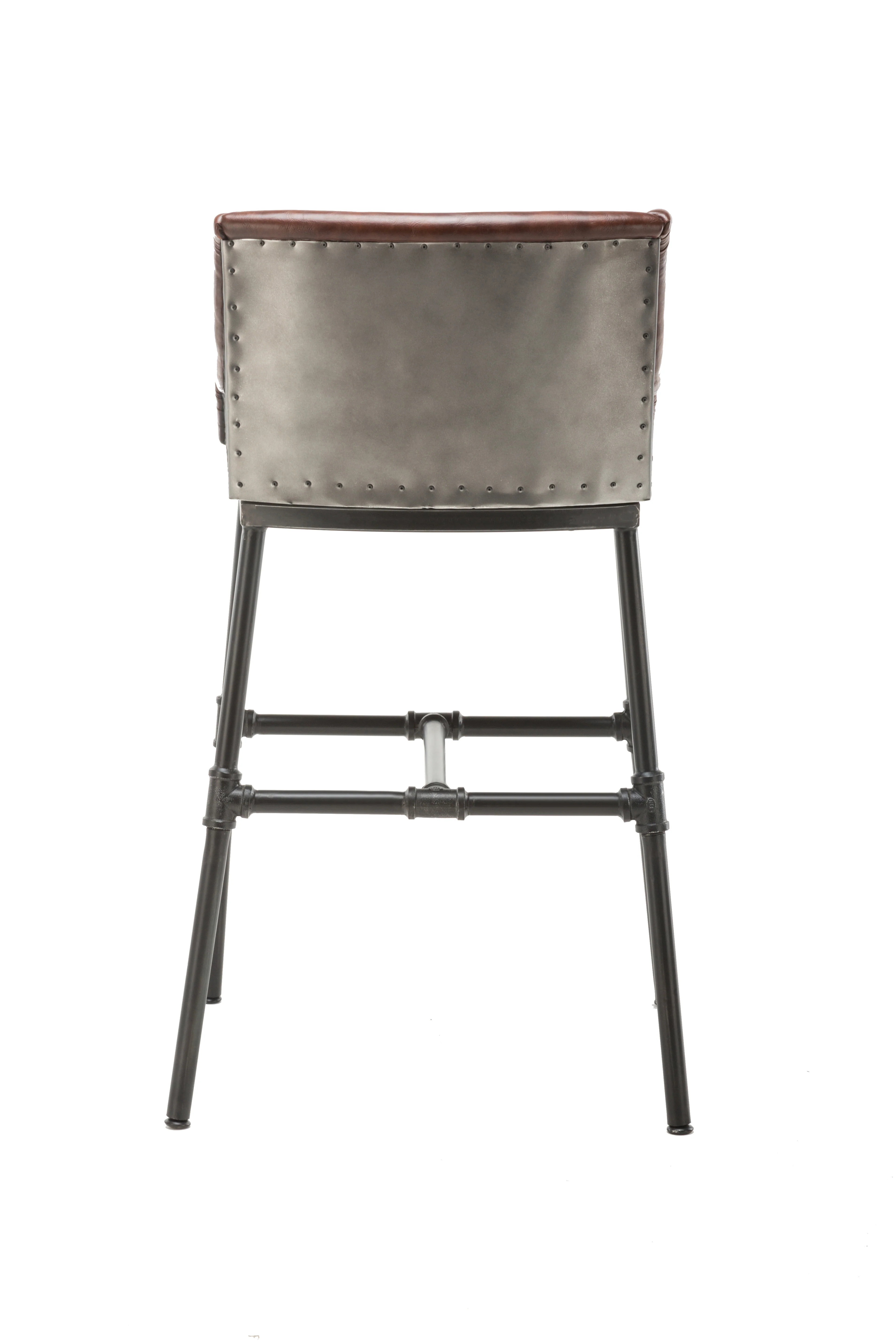 Leatherette Bar Stool with Riveted Metal Backing, Brown and Black By Benzara - Image 4