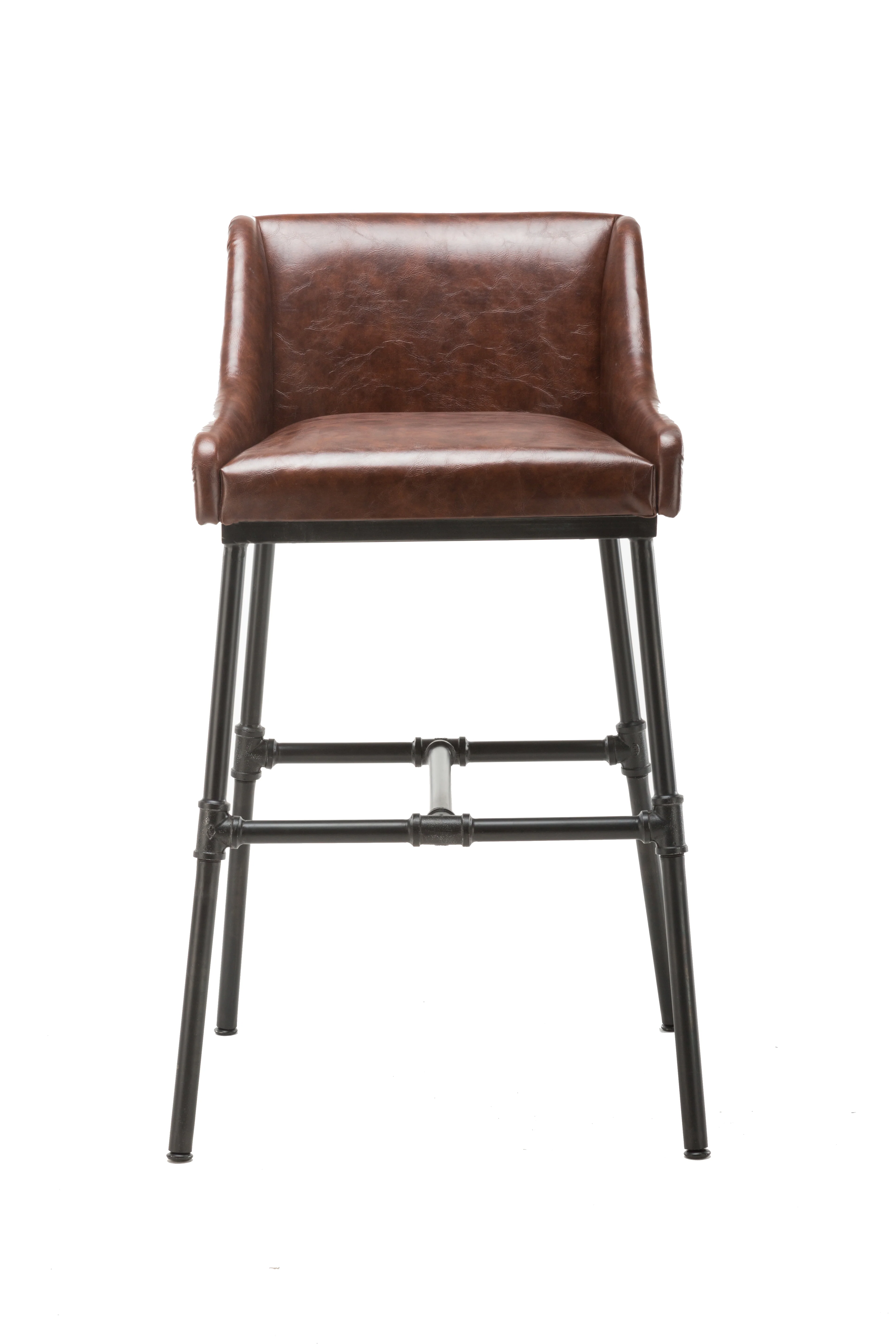 Leatherette Bar Stool with Riveted Metal Backing, Brown and Black By Benzara - Image 5