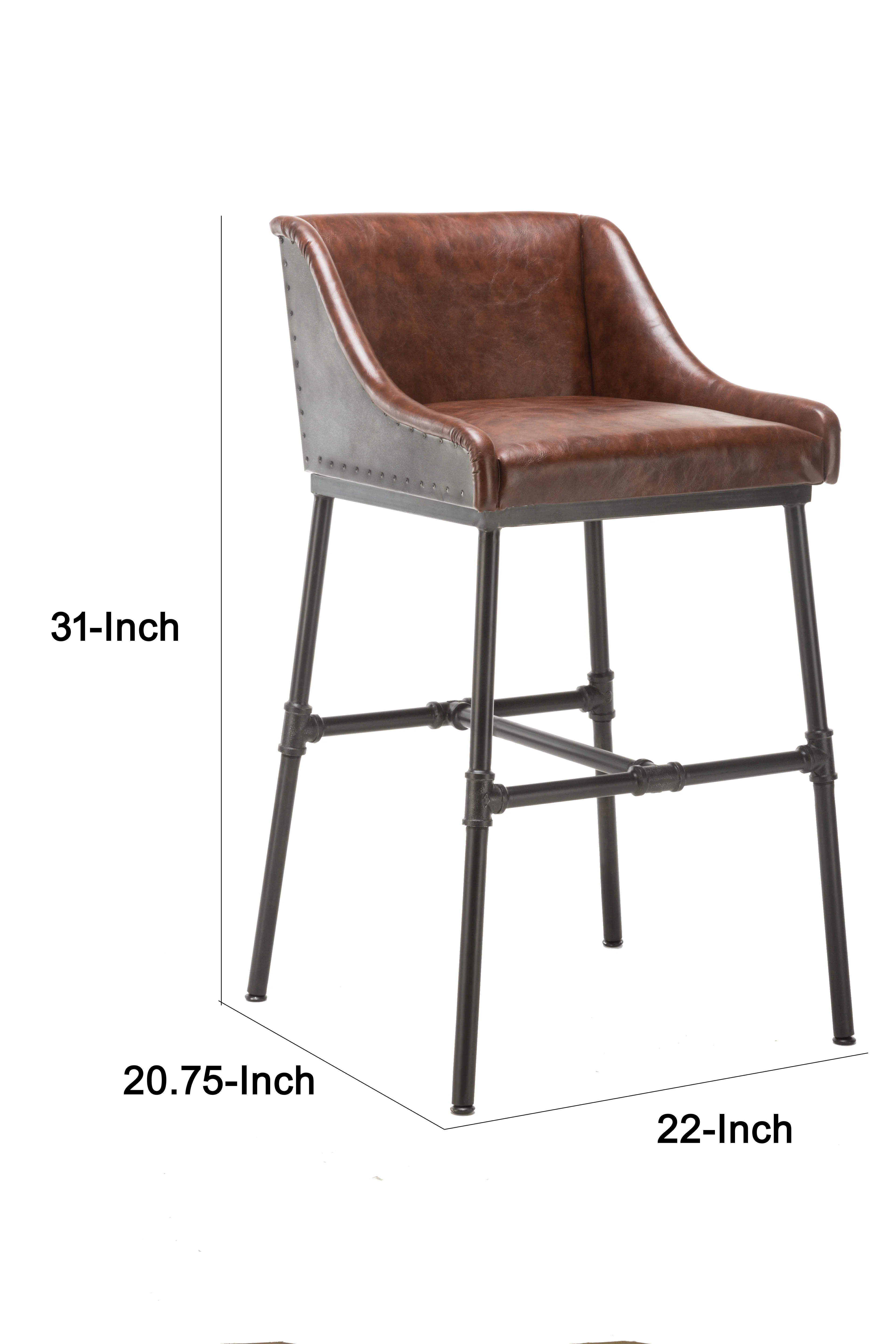 Leatherette Bar Stool with Riveted Metal Backing, Brown and Black By Benzara - Image 6