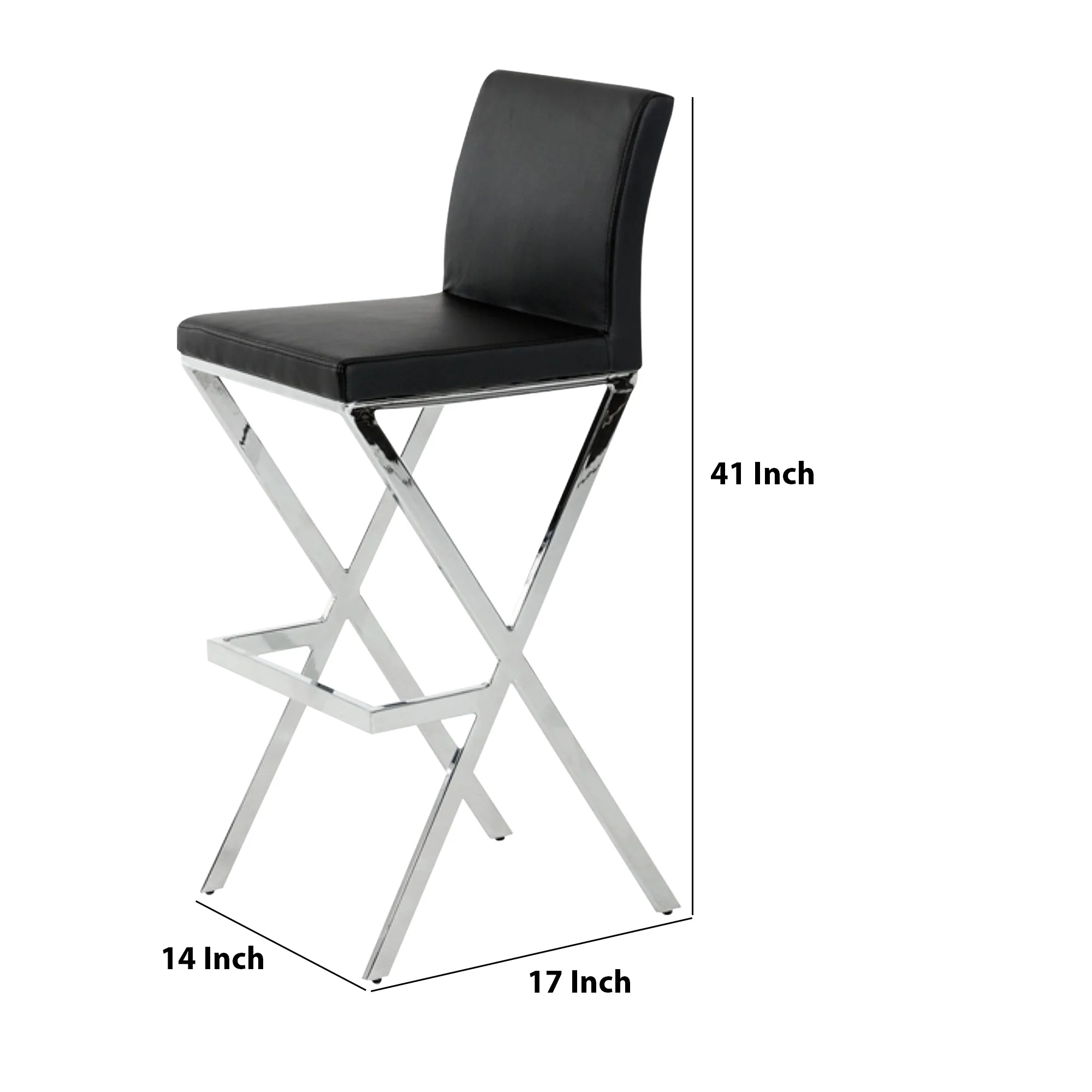 Leatherette Bar Stool with X Shape Legs, Set of 2, Black and Chrome By Benzara - Image 2