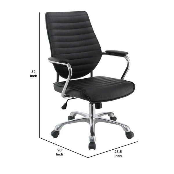 Leatherette Office Swivel Chair With Padded Arms Black And Chrome By Benzara - Image 5