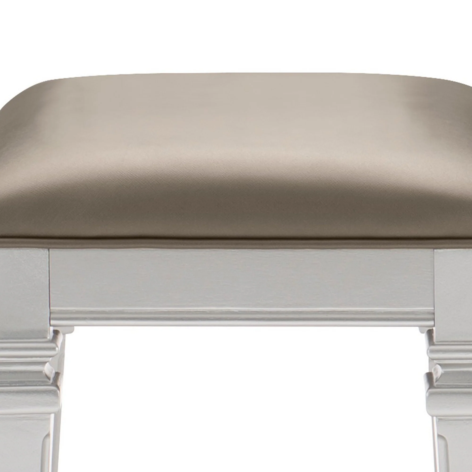 Leatherette Padded Vanity Stool With Tapered Legs And Molded Detail, Silver By Benzara - Image 3