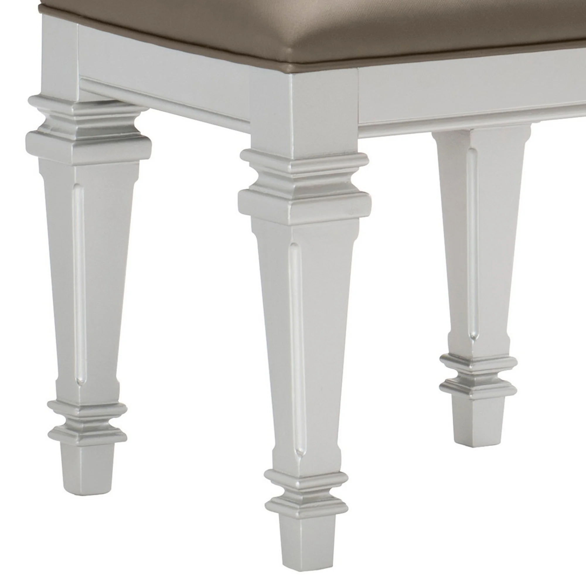 Leatherette Padded Vanity Stool With Tapered Legs And Molded Detail, Silver By Benzara - Image 4