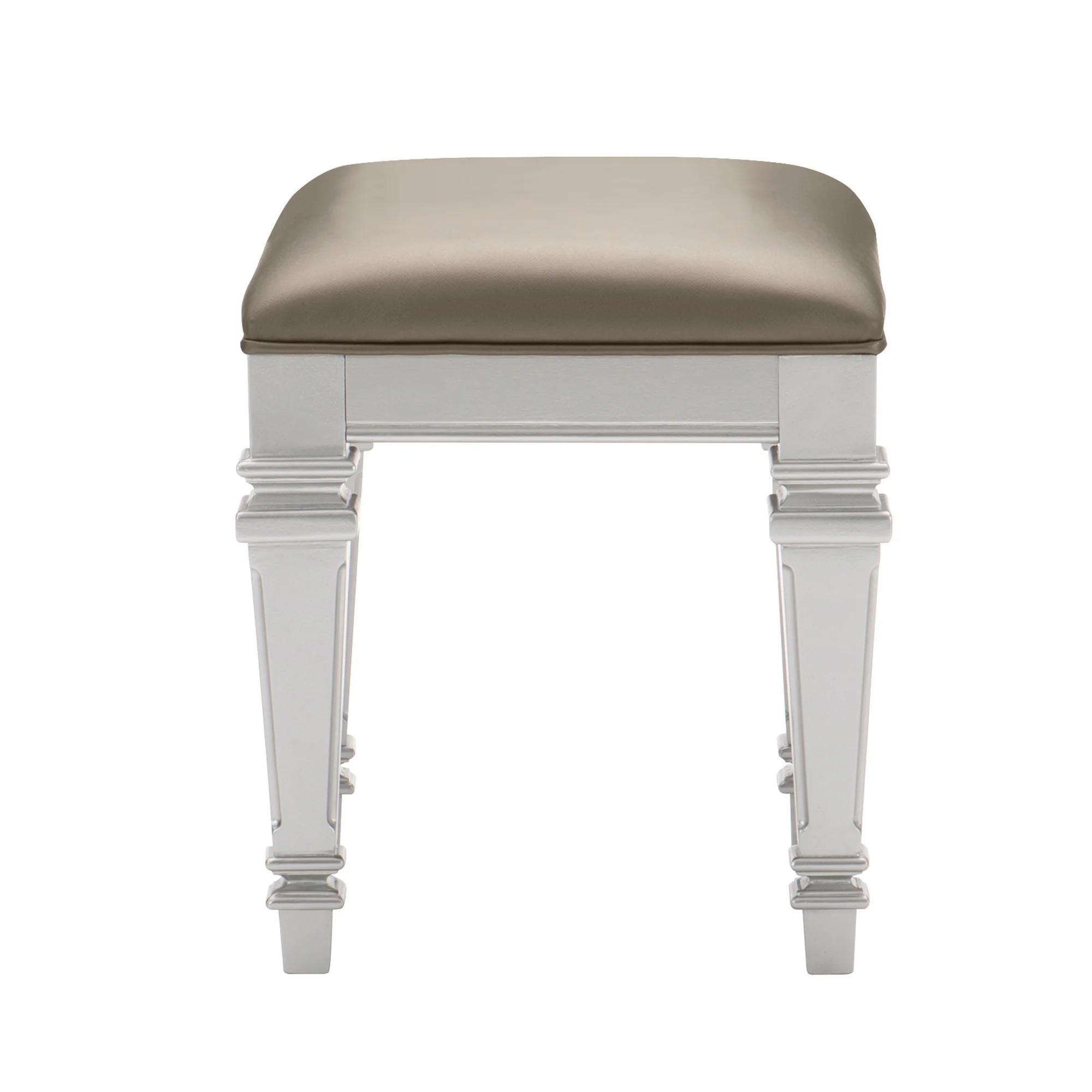 Leatherette Padded Vanity Stool With Tapered Legs And Molded Detail, Silver By Benzara - Image 5