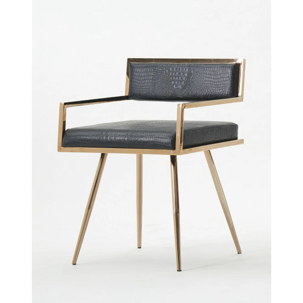 Leatherette Upholstered Metal Dining Chair with Splayed Legs, Black and Gold By Benzara - Image 2