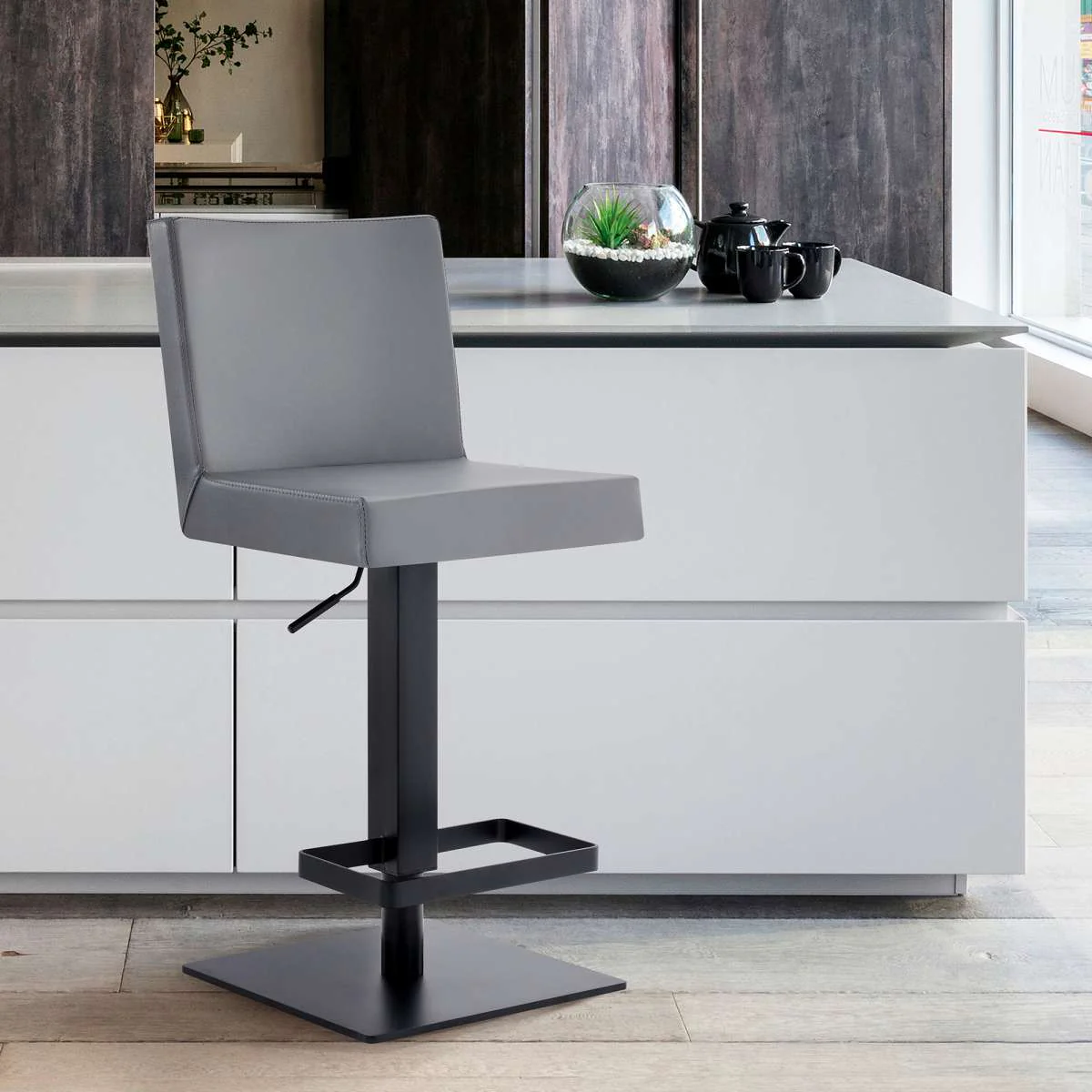 Legacy Adjustable Height Swivel Grey Faux Leather and Brushed Stainless Steel Bar Stool By Armen Living - Image 15