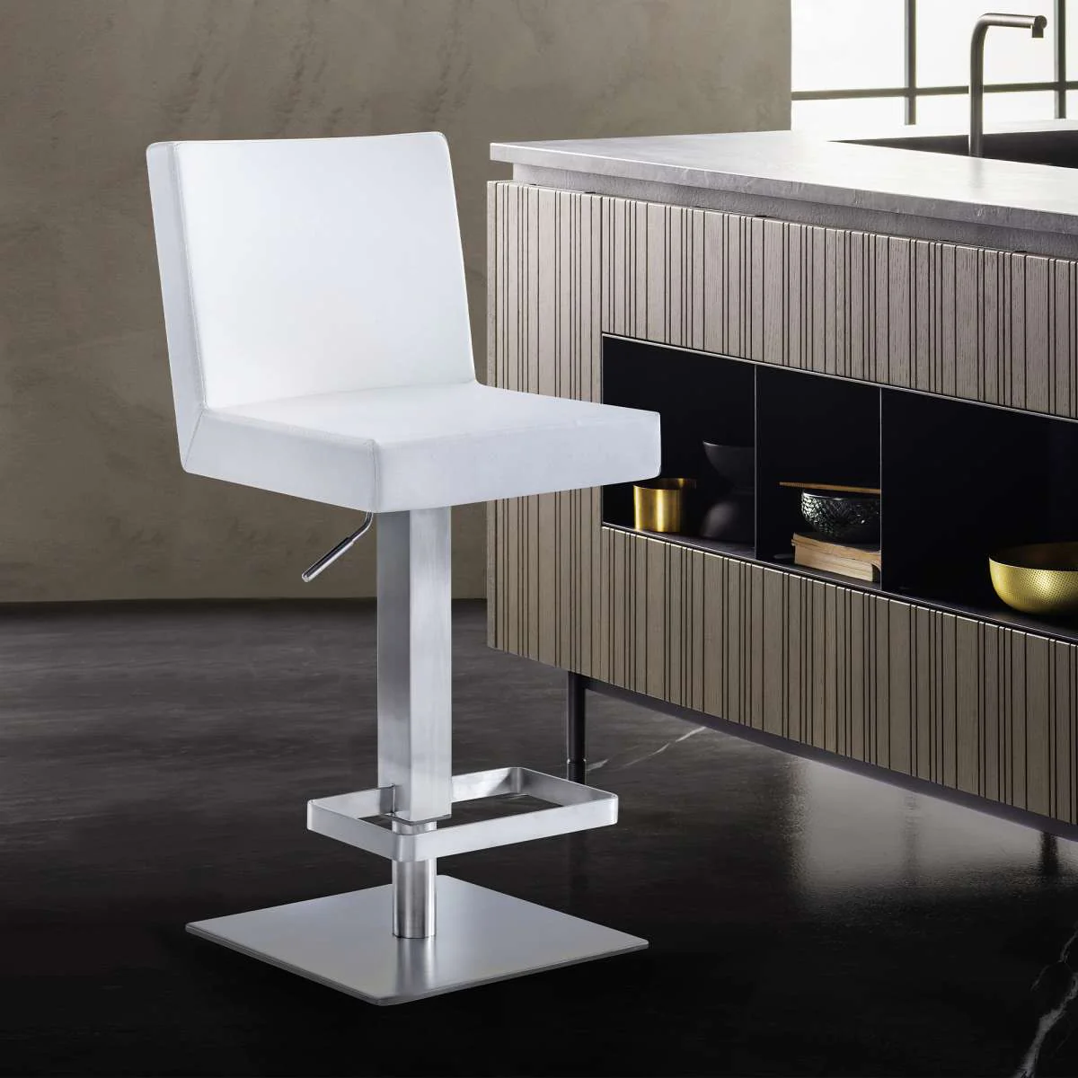Legacy Adjustable Height Swivel Grey Faux Leather and Brushed Stainless Steel Bar Stool By Armen Living - Image 7