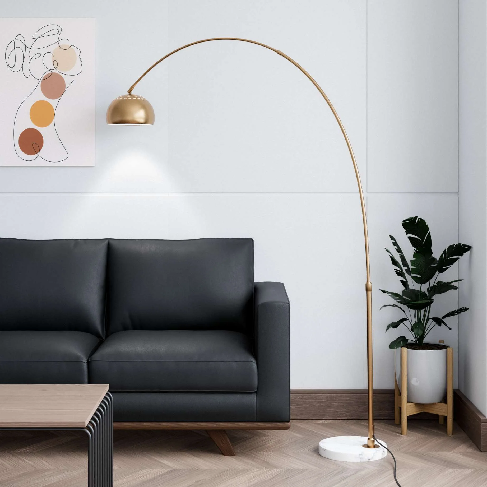 Leisuremod Arco Mid-Century Modern Arched Floor Lamp 75.6" Height with White Round Marble - Image 2