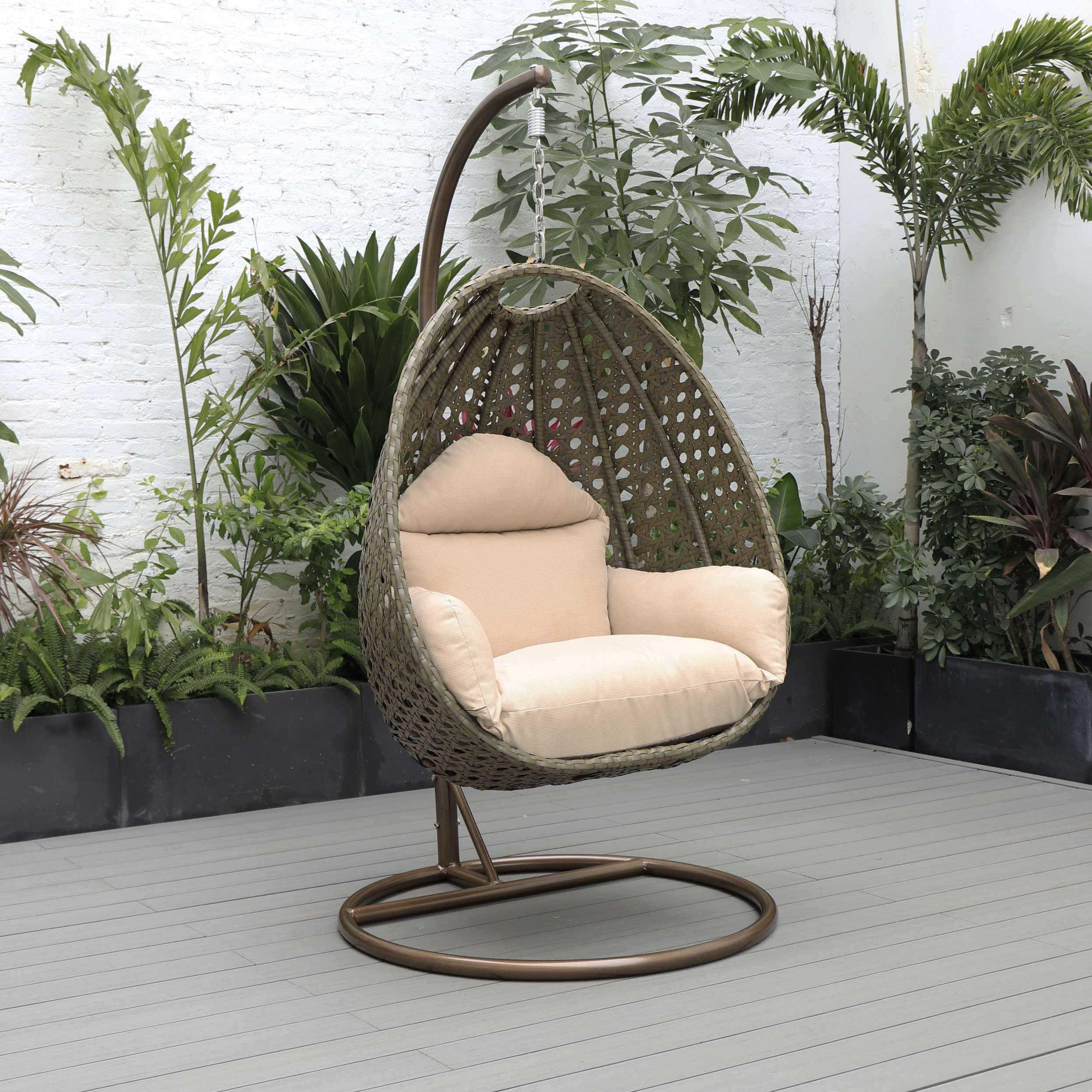 LeisureMod Beige Wicker Hanging Egg Swing Chair - Image 2