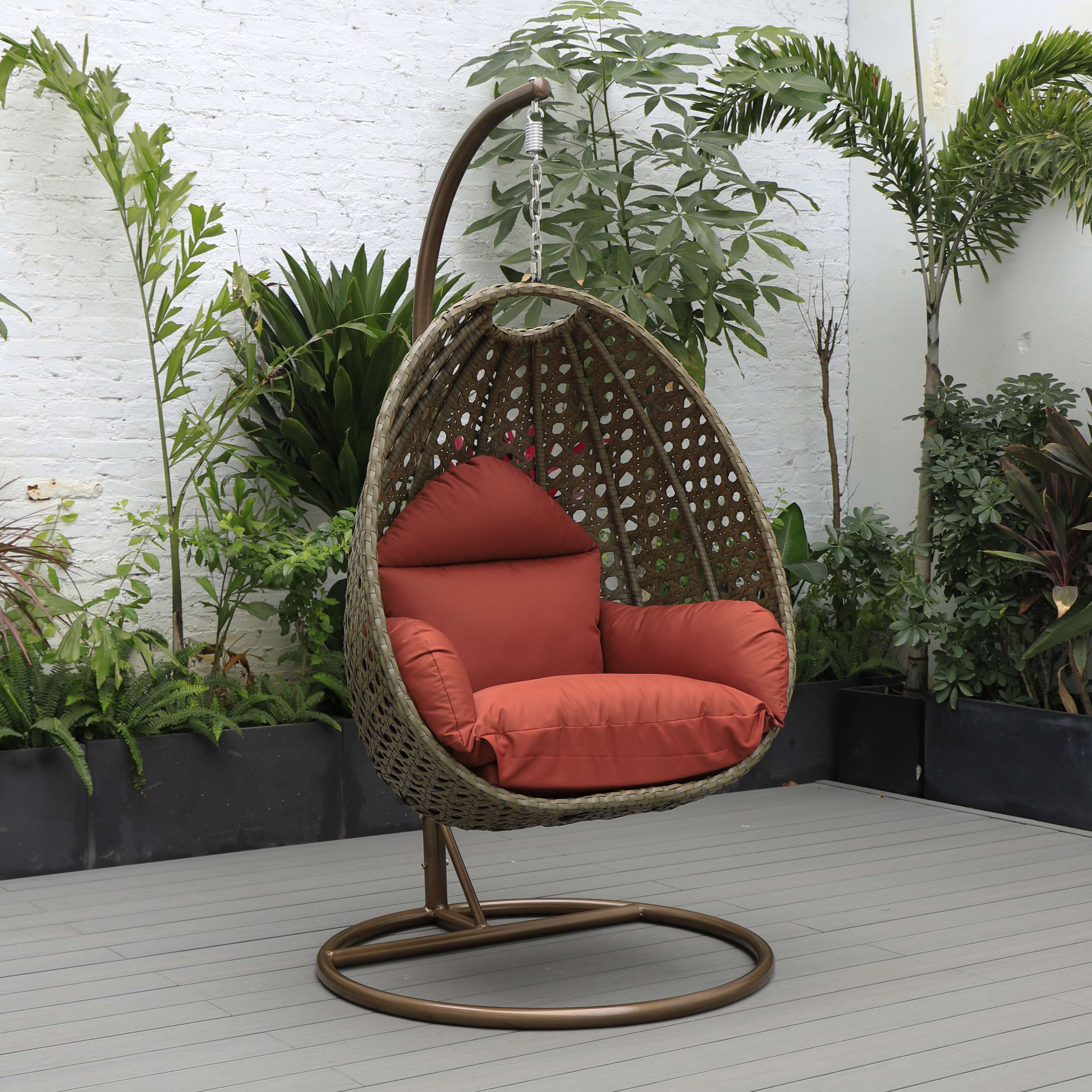 LeisureMod Beige Wicker Hanging Egg Swing Chair - Image 37