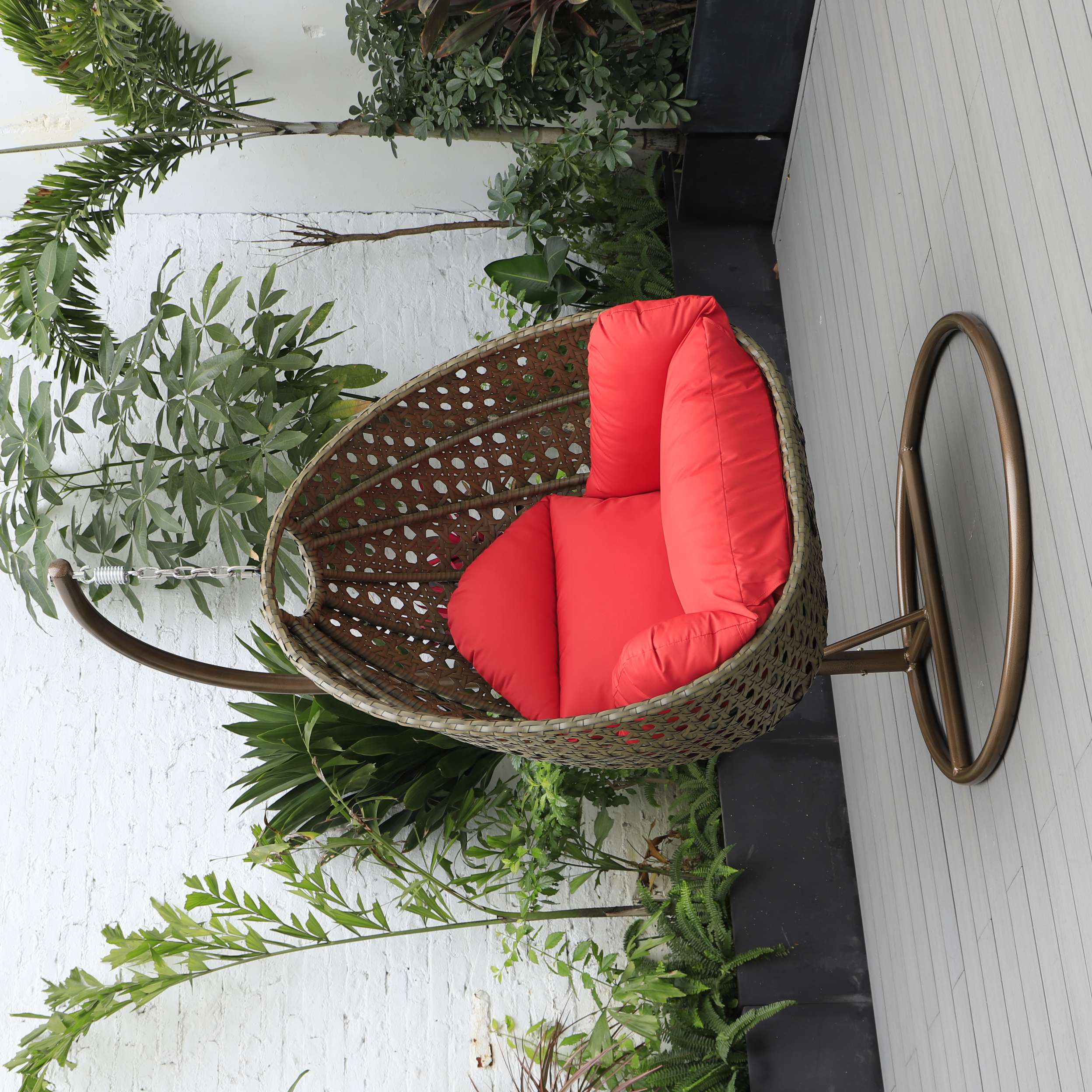 LeisureMod Beige Wicker Hanging Egg Swing Chair - Image 89
