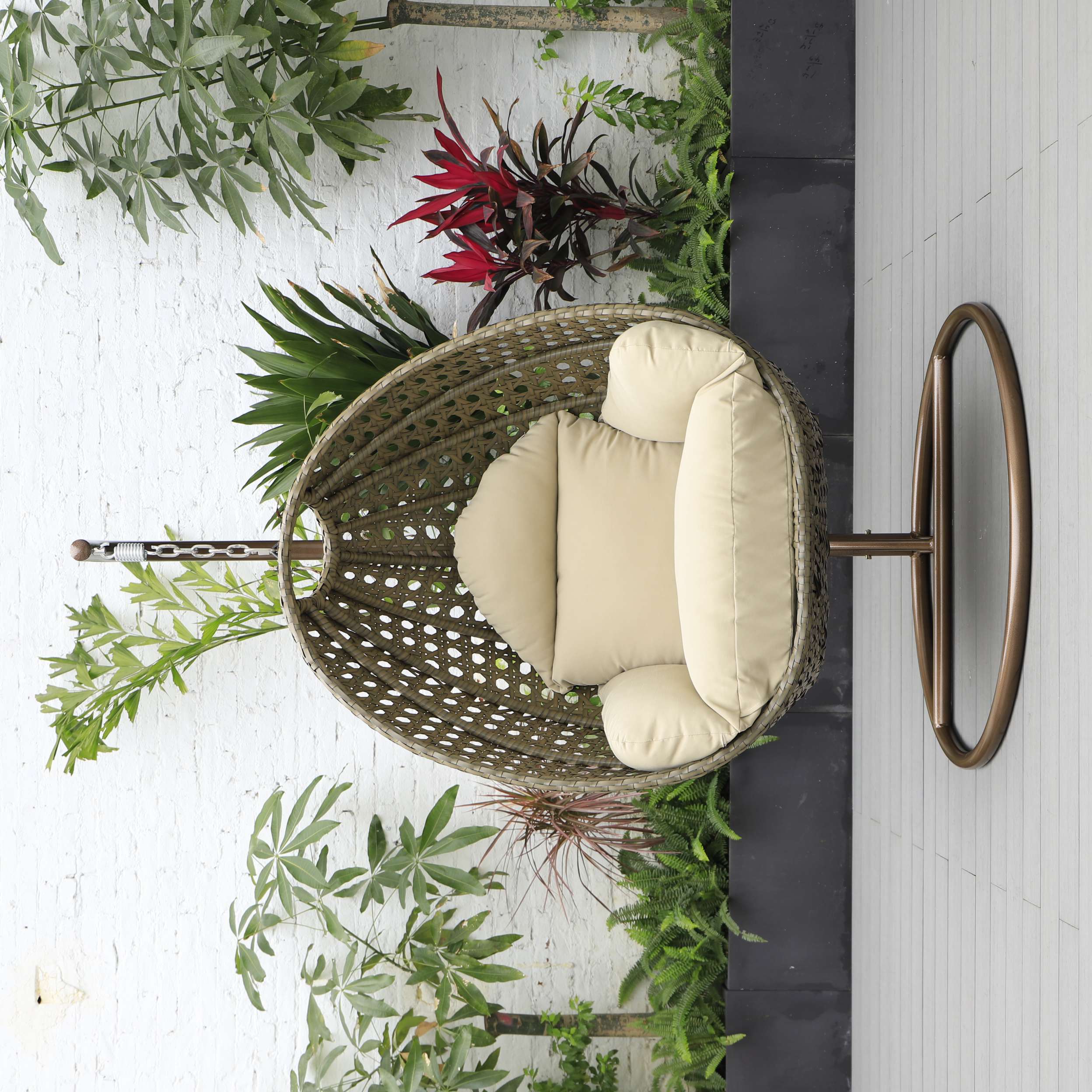 LeisureMod Beige Wicker Hanging Egg Swing Chair - Image 91