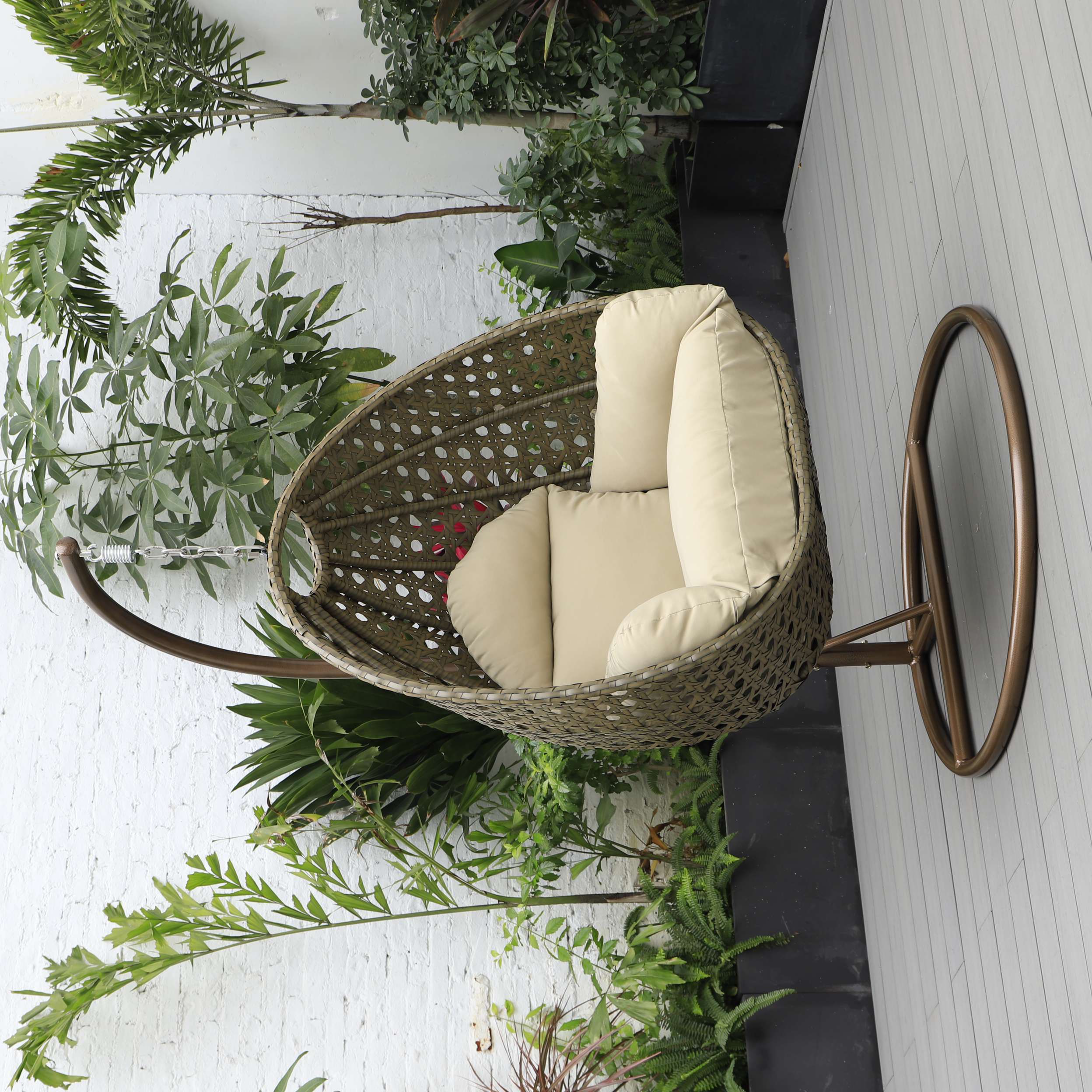 LeisureMod Beige Wicker Hanging Egg Swing Chair - Image 92