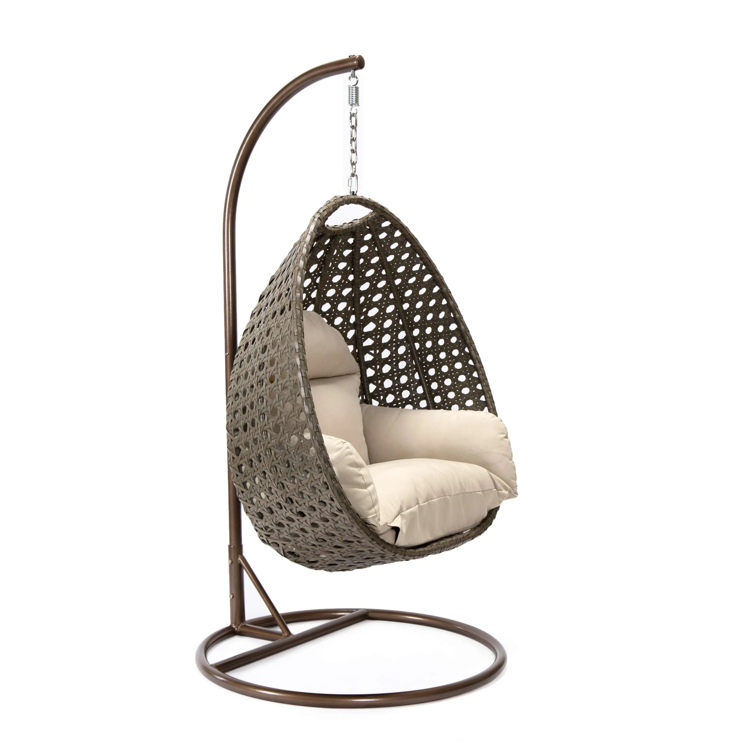 LeisureMod Beige Wicker Hanging Egg Swing Chair - Image 94