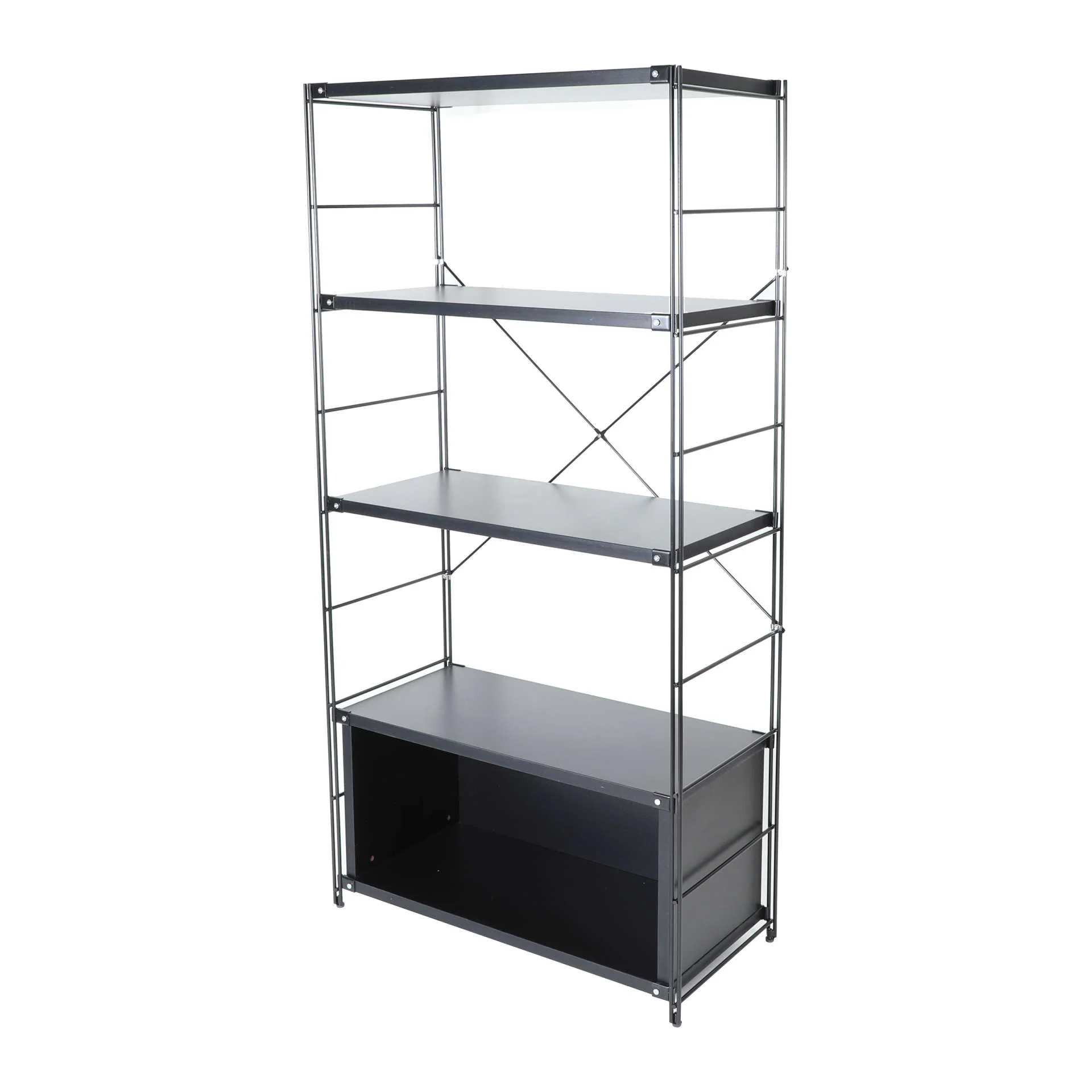 LeisureMod Brentwood Etagere Bookcase with Black Powder Coated Steel Frame and Melamine Board Shelves - Image 18