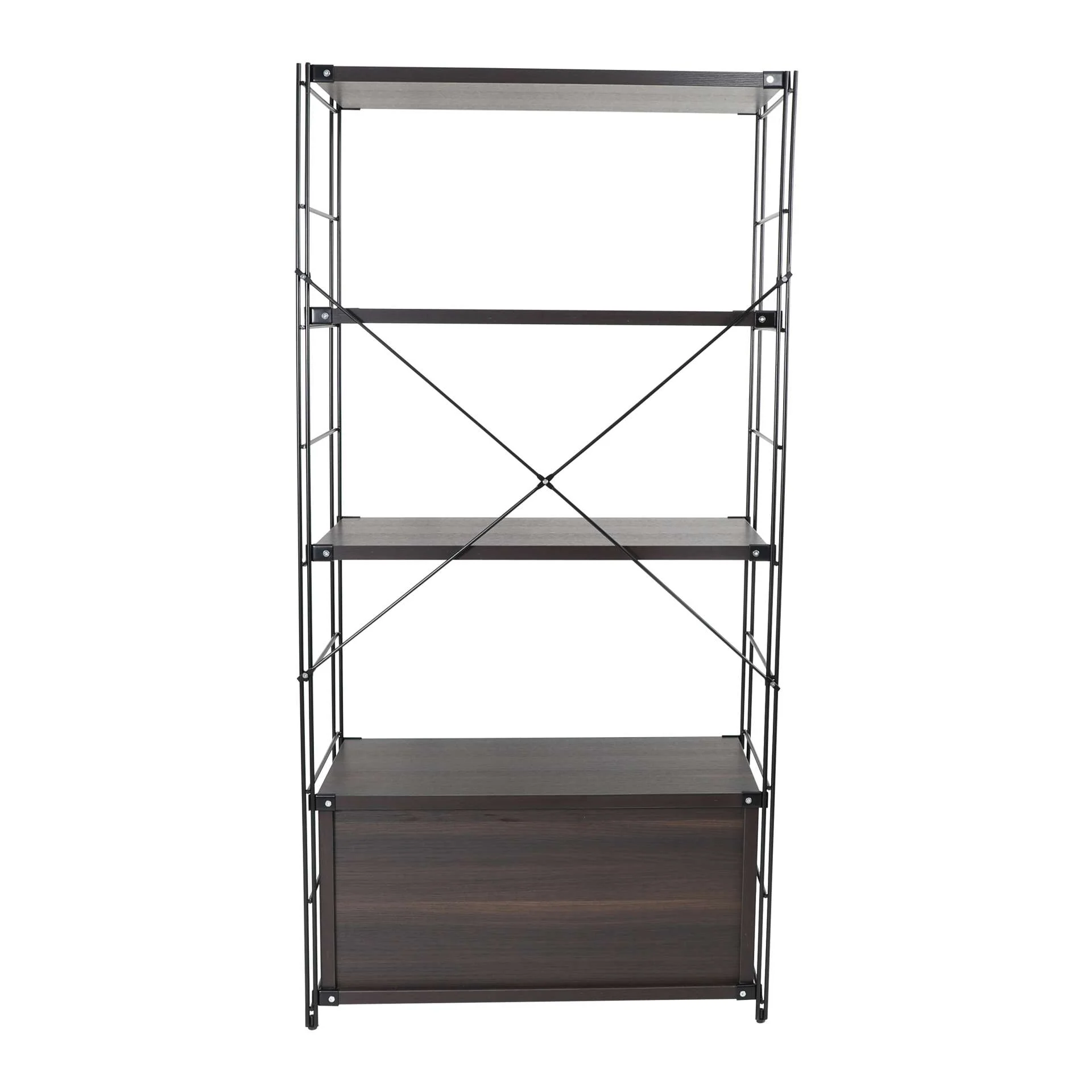 LeisureMod Brentwood Etagere Bookcase with Black Powder Coated Steel Frame and Melamine Board Shelves - Image 25