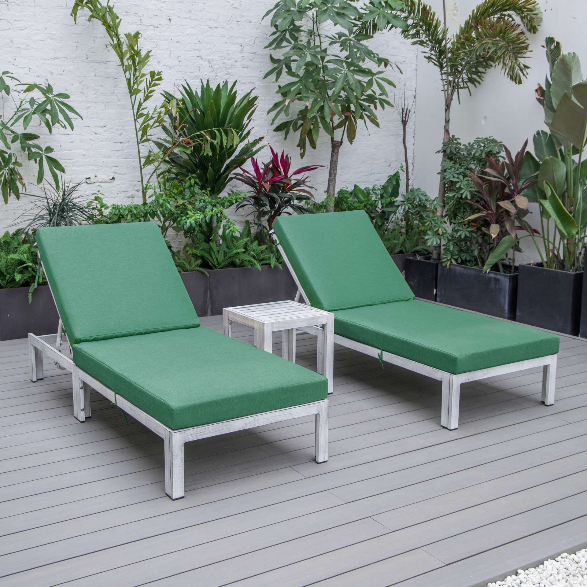 LeisureMod Chelsea Modern Outdoor Weathered Grey Chaise Lounge Chair Set of 2 With Side Table & Cushions - Image 3