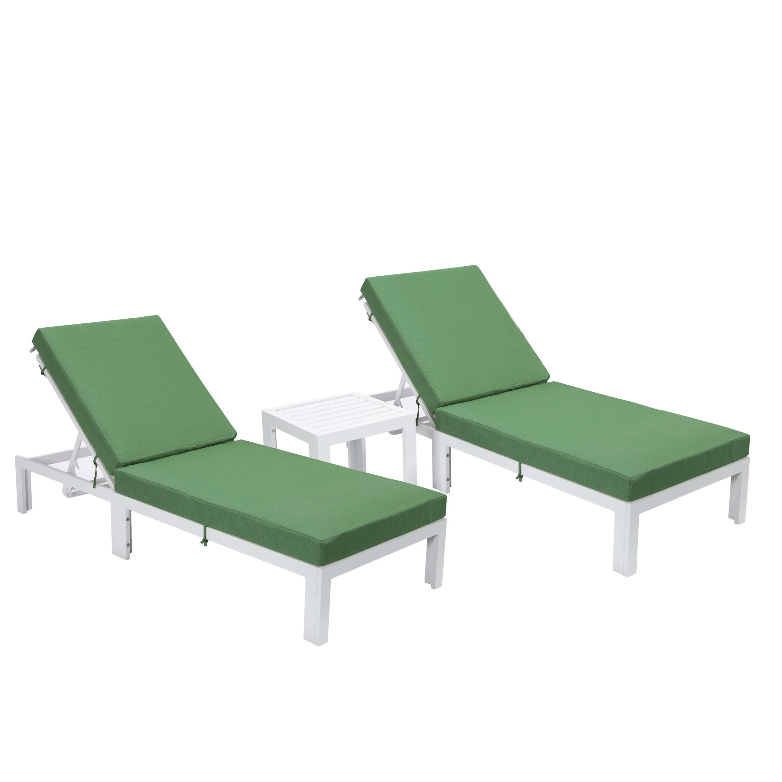 LeisureMod Chelsea Modern Outdoor White Chaise Lounge Chair Set of 2 With Side Table & Cushions - Image 3
