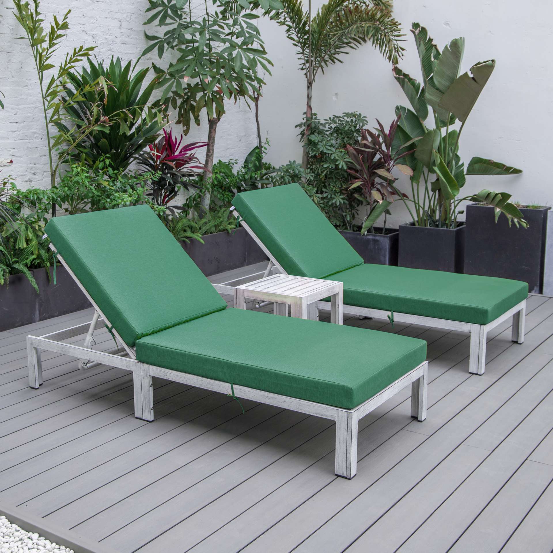 LeisureMod Chelsea Modern Outdoor White Chaise Lounge Chair Set of 2 With Side Table & Cushions - Image 4