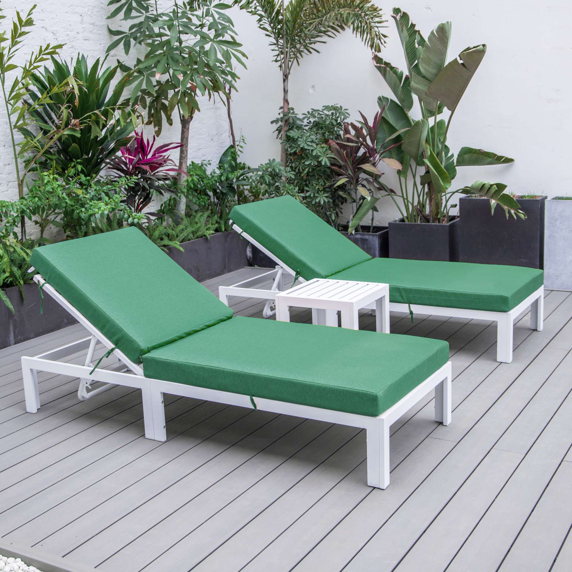 LeisureMod Chelsea Modern Outdoor White Chaise Lounge Chair Set of 2 With Side Table & Cushions - Image 5
