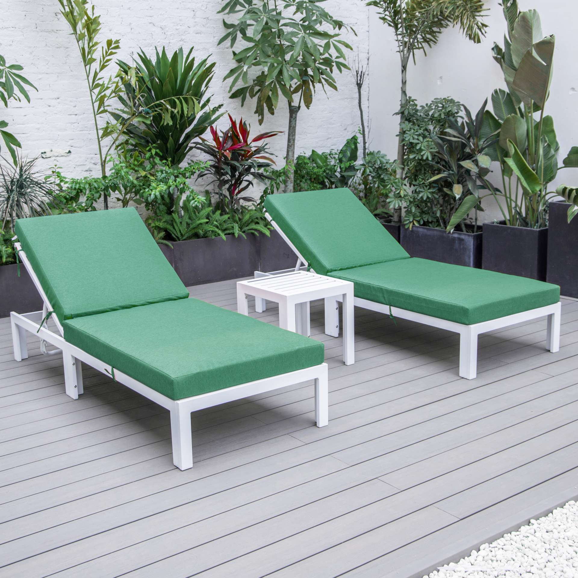 LeisureMod Chelsea Modern Outdoor White Chaise Lounge Chair Set of 2 With Side Table & Cushions - Image 6