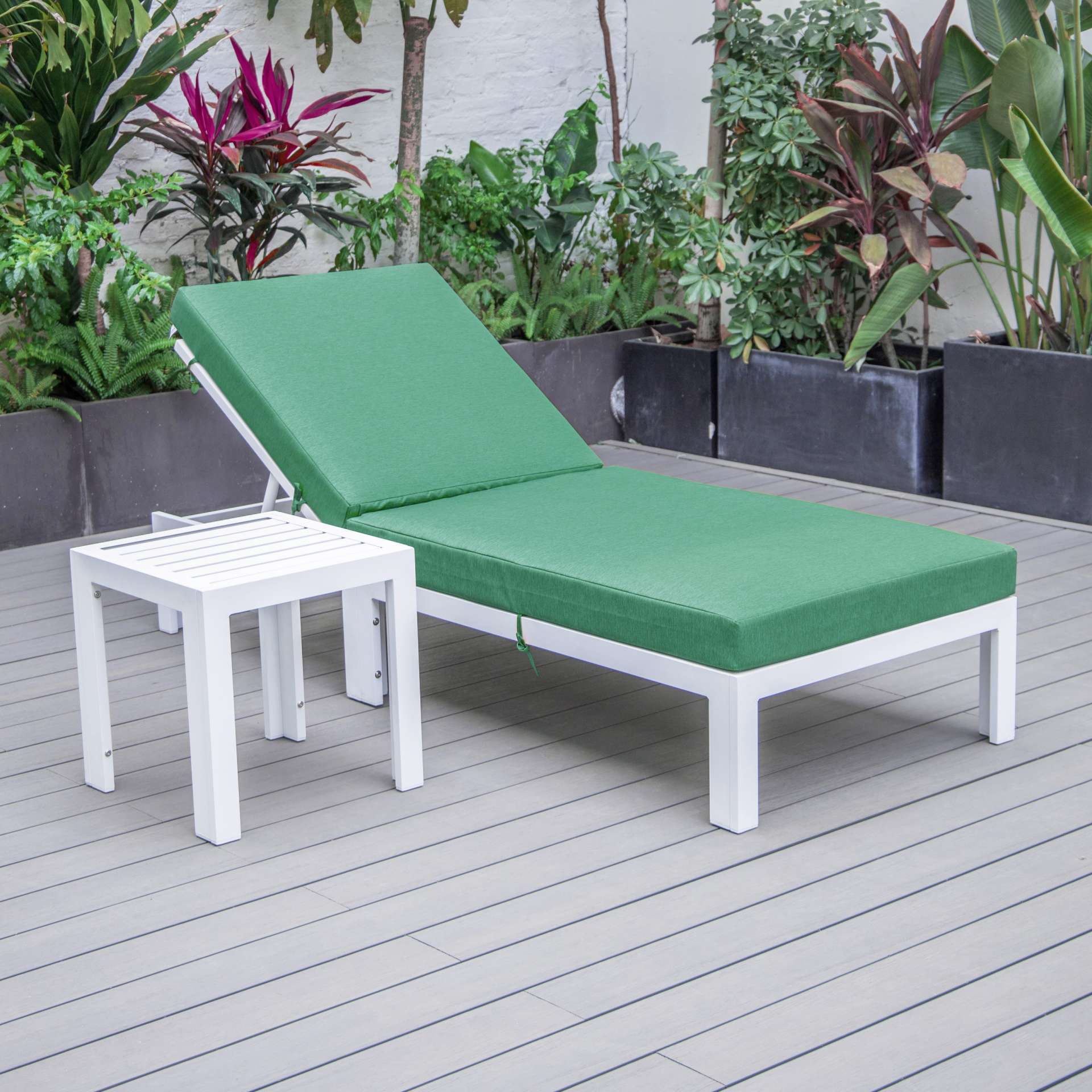 LeisureMod Chelsea Modern Outdoor White Chaise Lounge Chair With Side Table & Cushions - Image 2