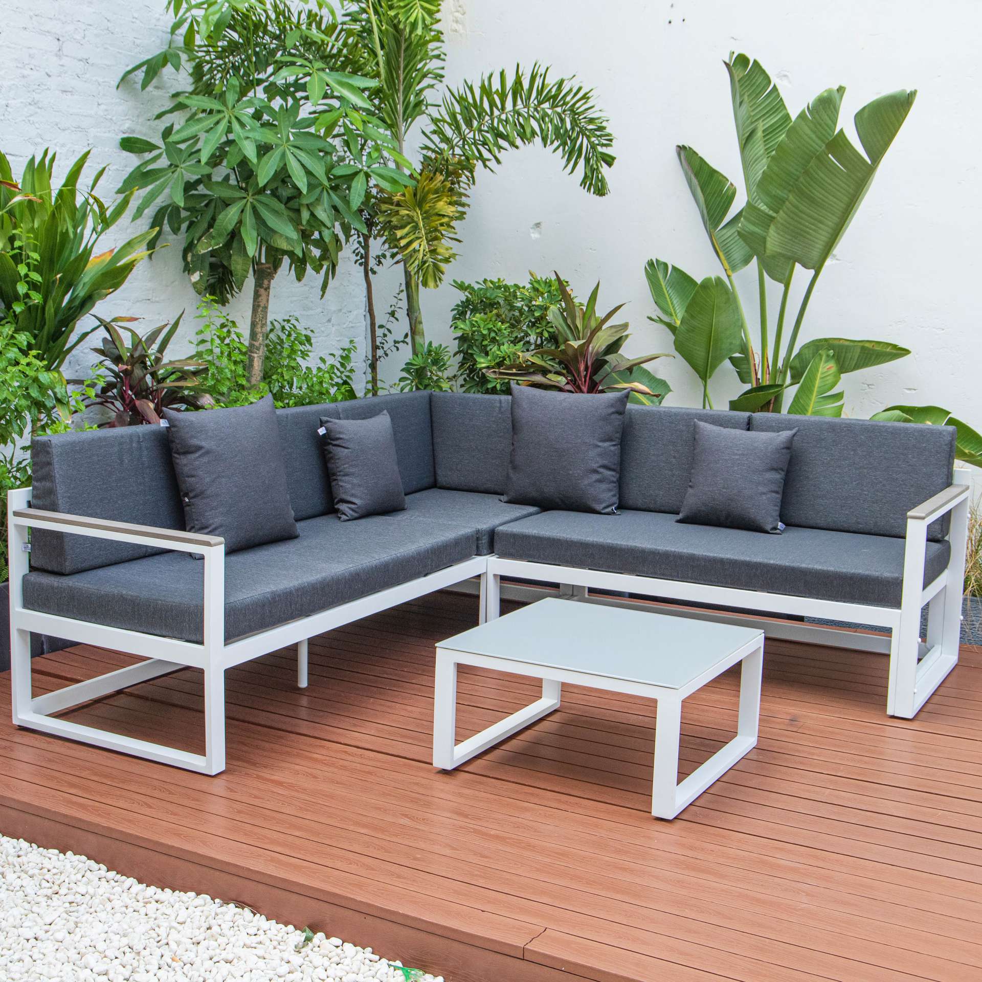 LeisureMod Chelsea White Sectional With Adjustable Headrest & Coffee Table With Cushions - Image 18