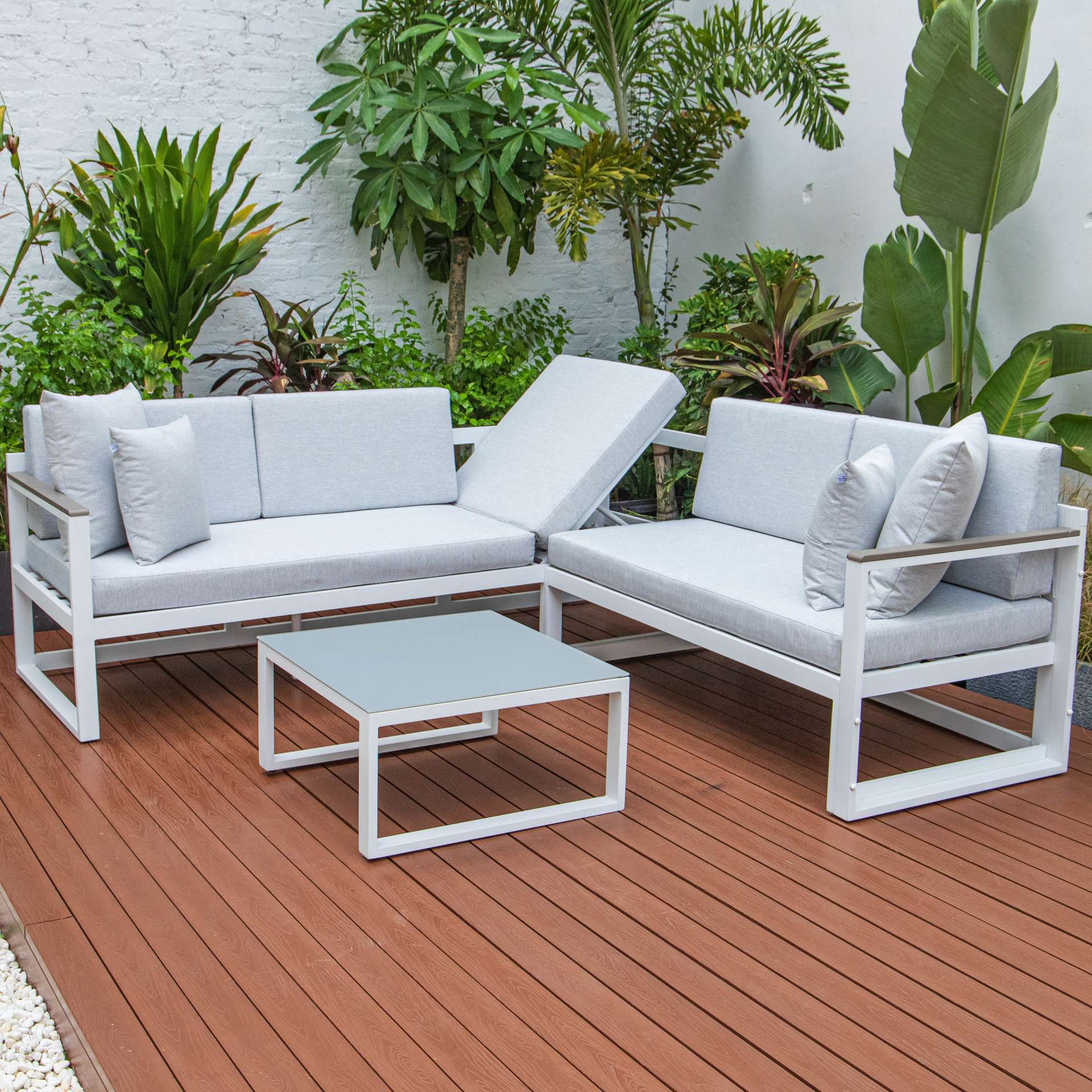 LeisureMod Chelsea White Sectional With Adjustable Headrest & Coffee Table With Cushions - Image 44