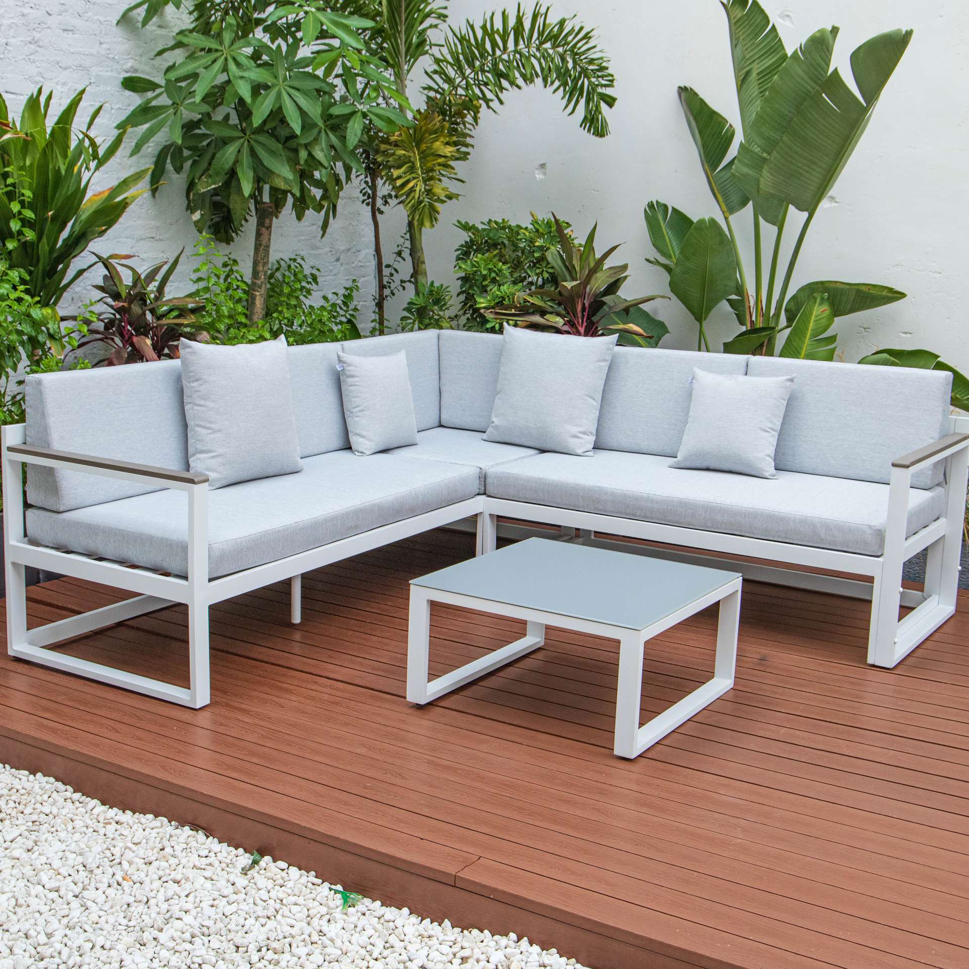 LeisureMod Chelsea White Sectional With Adjustable Headrest & Coffee Table With Cushions - Image 45