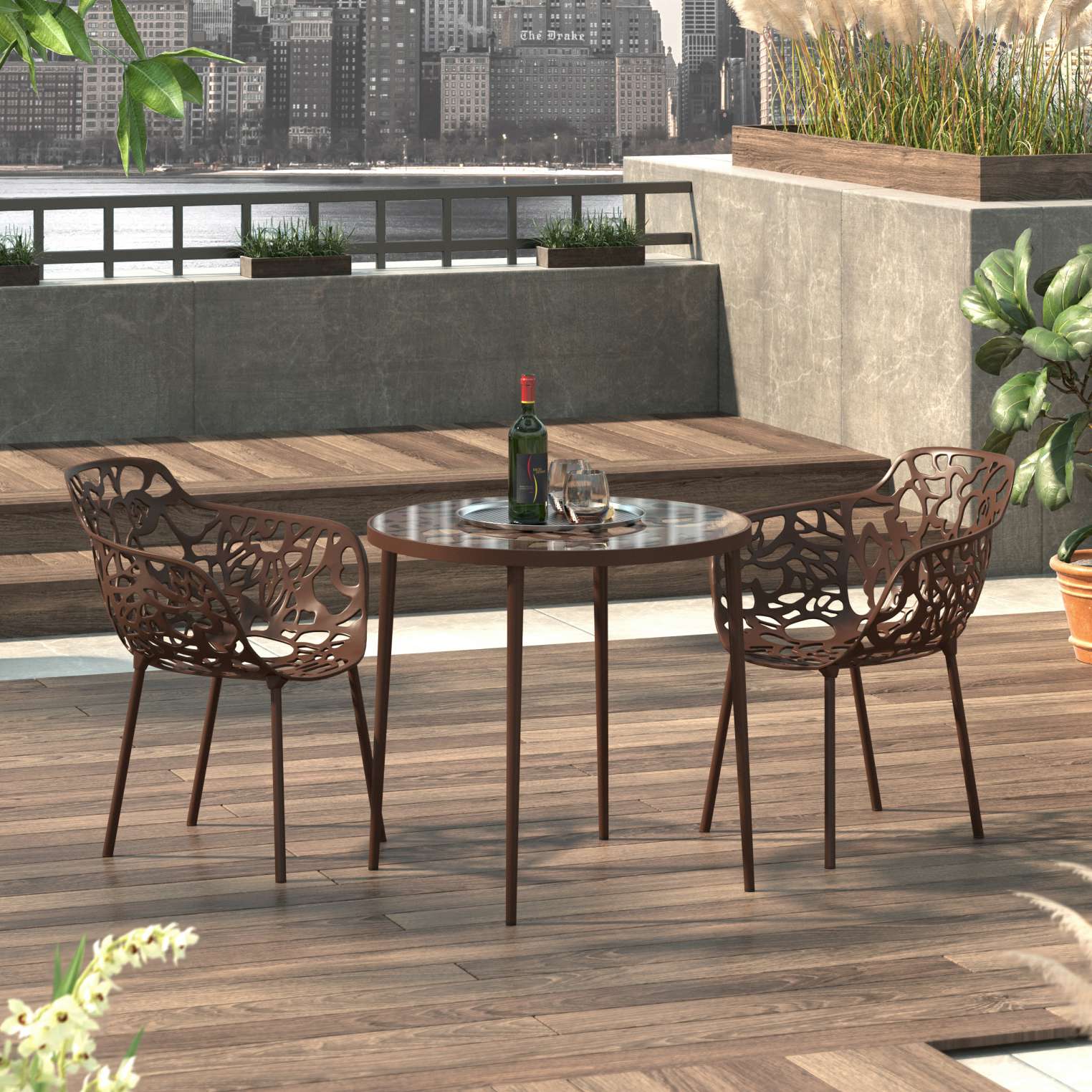 LeisureMod Devon Mid-Century Modern 3-Piece Aluminum Outdoor Patio Dining Set with Tempered Glass Top Table and 2 Stackable
 - DT20CABL2 - Image 25