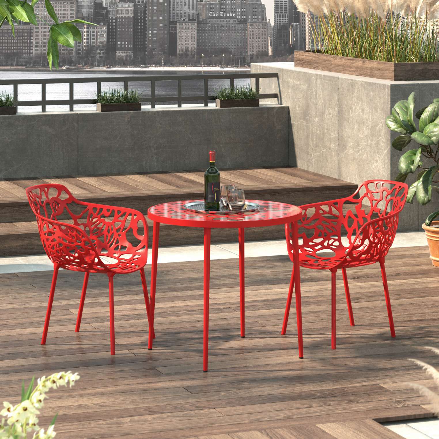 LeisureMod Devon Mid-Century Modern 3-Piece Aluminum Outdoor Patio Dining Set with Tempered Glass Top Table and 2 Stackable
 - DT20CABL2 - Image 34
