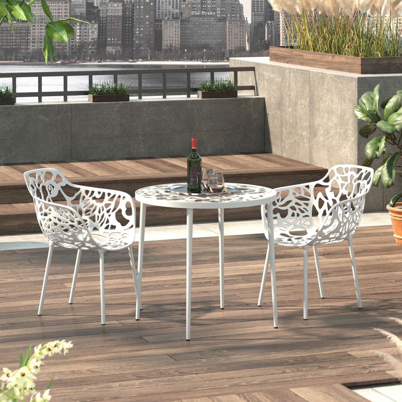 LeisureMod Devon Mid-Century Modern 3-Piece Aluminum Outdoor Patio Dining Set with Tempered Glass Top Table and 2 Stackable
 - DT20CABL2 - Image 52