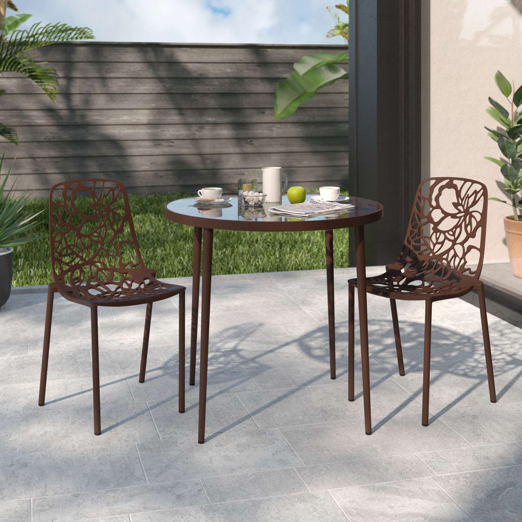 LeisureMod Devon Mid-Century Modern 3-Piece Aluminum Outdoor Patio Dining Set with Tempered Glass Top Table and 2 Stackable
 - DT20CBL - Image 13
