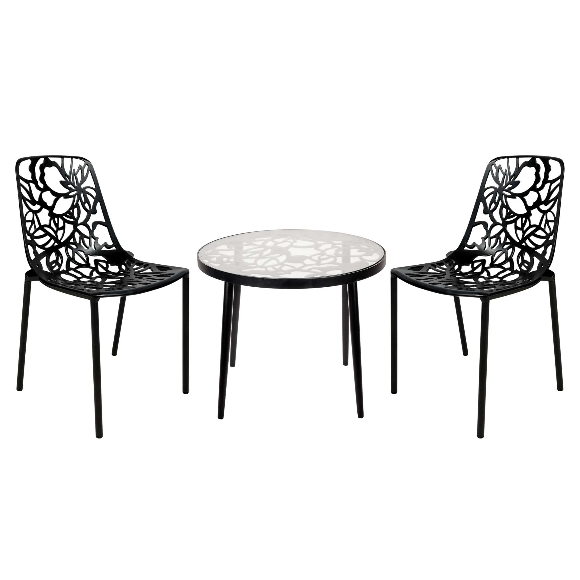 LeisureMod Devon Mid-Century Modern 3-Piece Aluminum Outdoor Patio Dining Set with Tempered Glass Top Table and 2 Stackable
 - DT20CBL - Image 2
