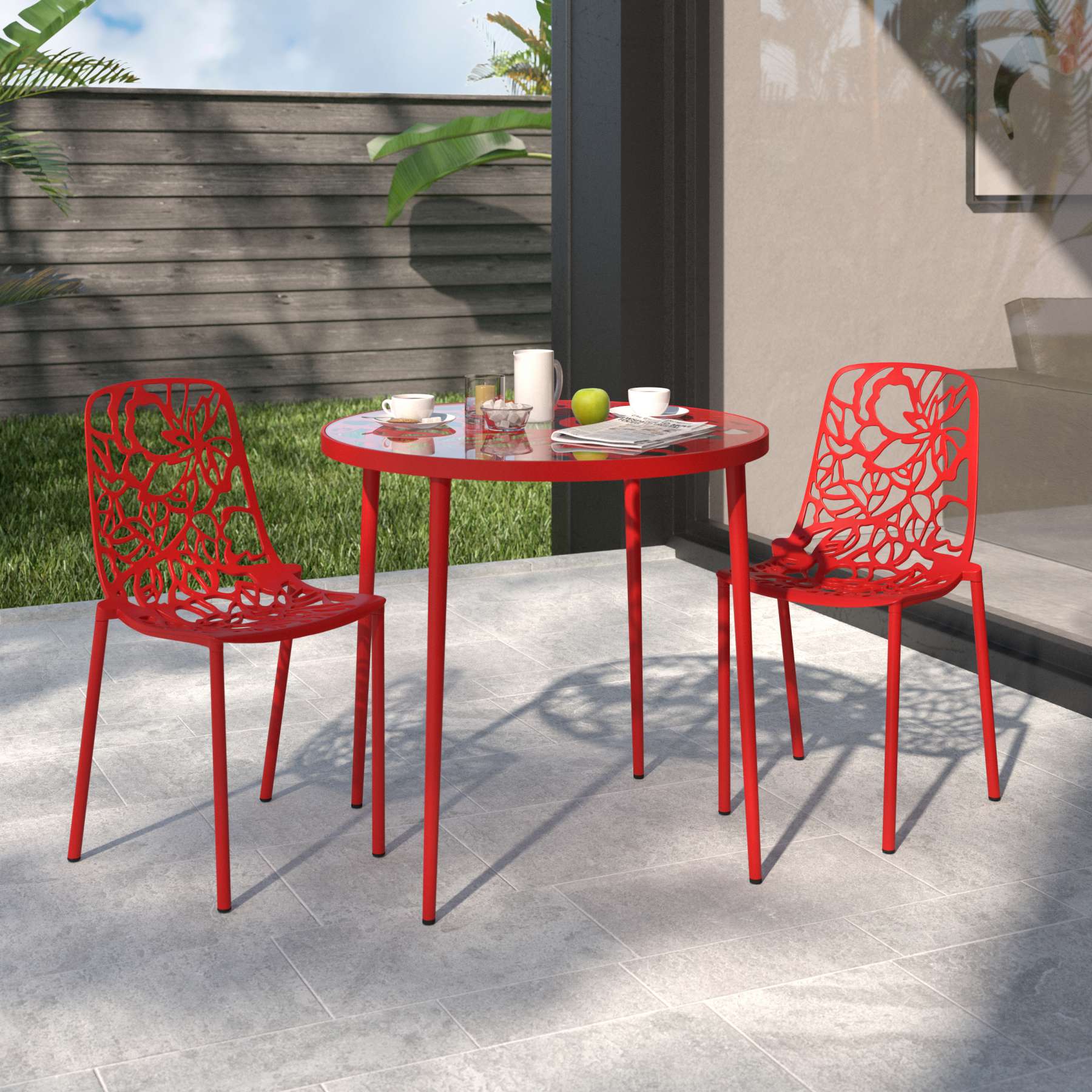 LeisureMod Devon Mid-Century Modern 3-Piece Aluminum Outdoor Patio Dining Set with Tempered Glass Top Table and 2 Stackable
 - DT20CBL - Image 34