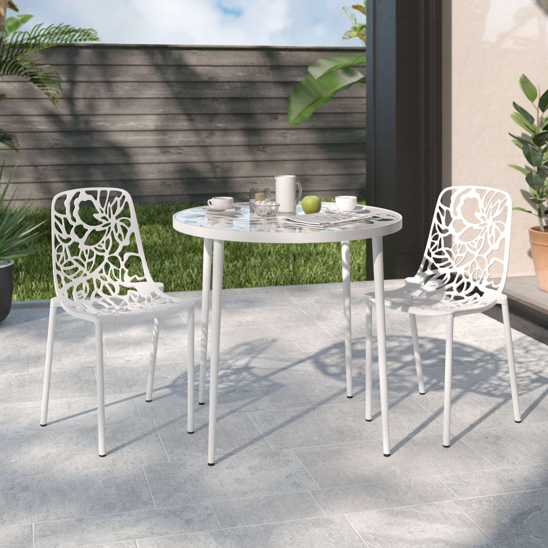 LeisureMod Devon Mid-Century Modern 3-Piece Aluminum Outdoor Patio Dining Set with Tempered Glass Top Table and 2 Stackable
 - DT20CBL - Image 50