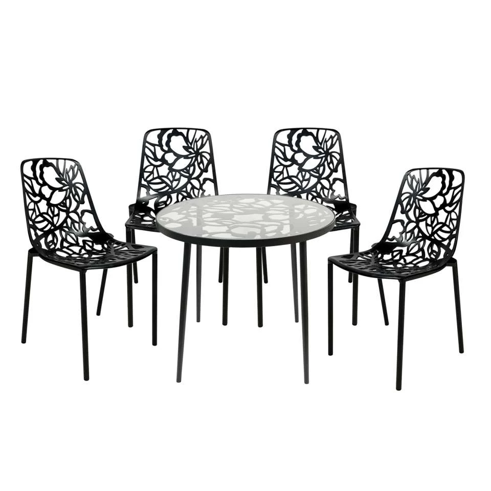 LeisureMod Devon Mid-Century Modern 5-Piece Aluminum Outdoor Patio Dining Set with Tempered Glass Top Table and 4 Stackable
 - DT31C4BL - Image 2