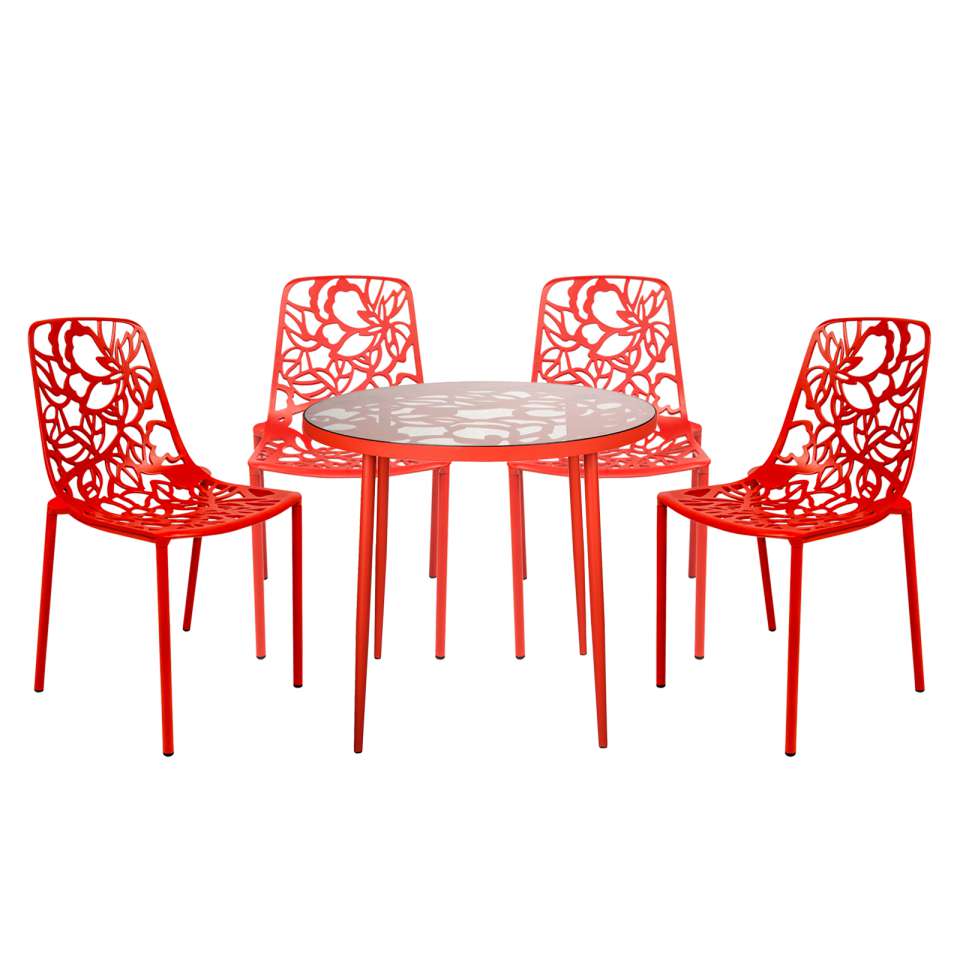 LeisureMod Devon Mid-Century Modern 5-Piece Aluminum Outdoor Patio Dining Set with Tempered Glass Top Table and 4 Stackable
 - DT31C4BL - Image 34