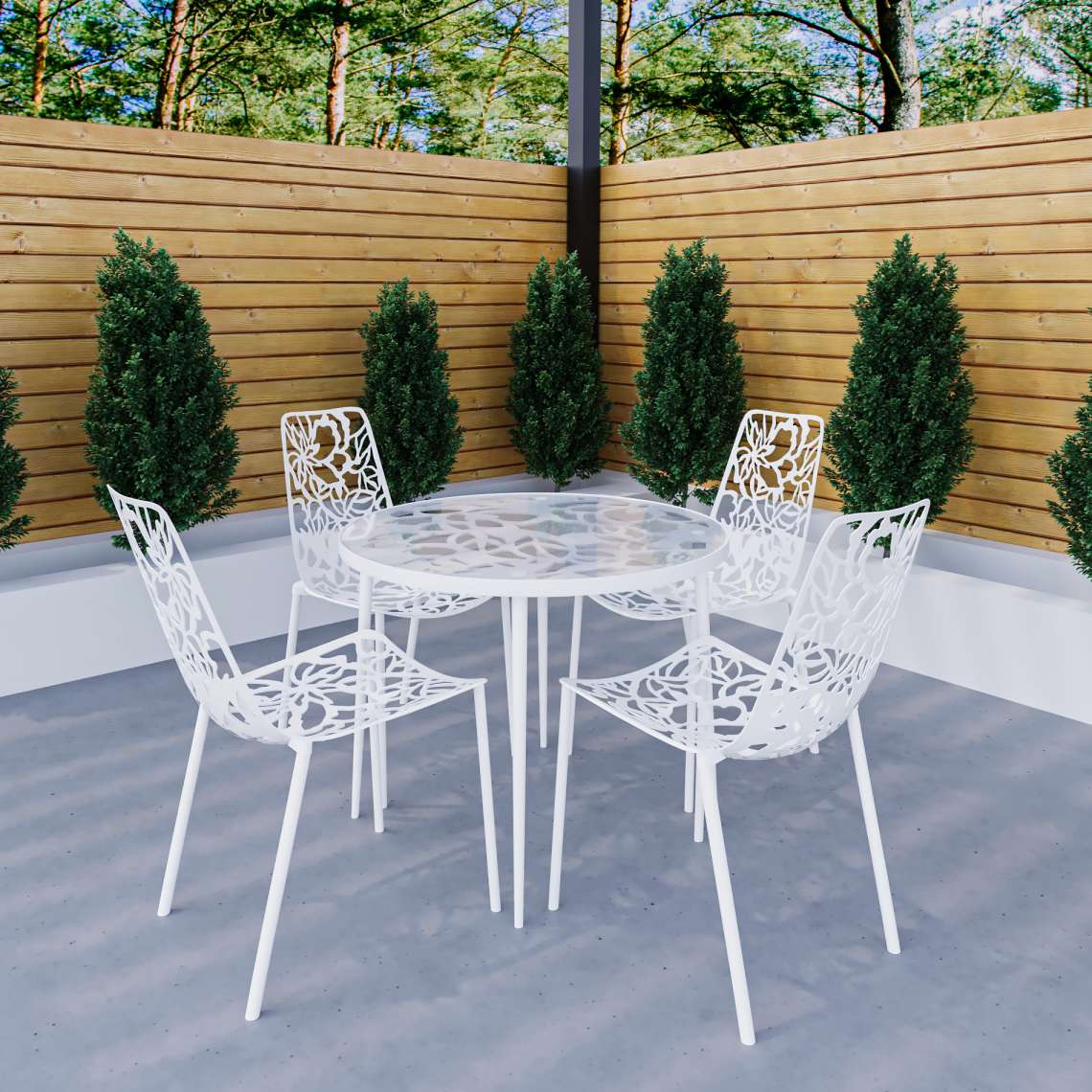 LeisureMod Devon Mid-Century Modern 5-Piece Aluminum Outdoor Patio Dining Set with Tempered Glass Top Table and 4 Stackable
 - DT31C4BL - Image 49