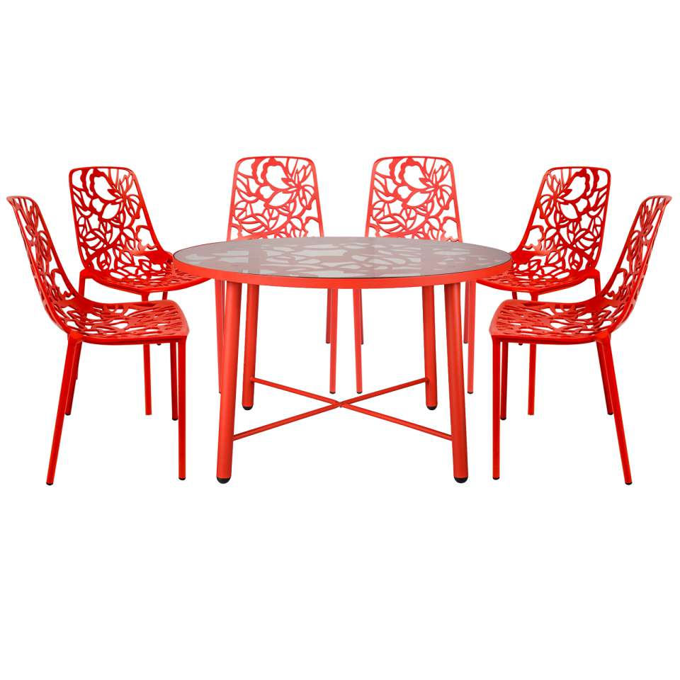 LeisureMod Devon Mid-Century Modern 7-Piece Aluminum Outdoor Patio Dining Set with Tempered Glass Top Table and 6 Stackable
 - DT48C6BL - Image 29