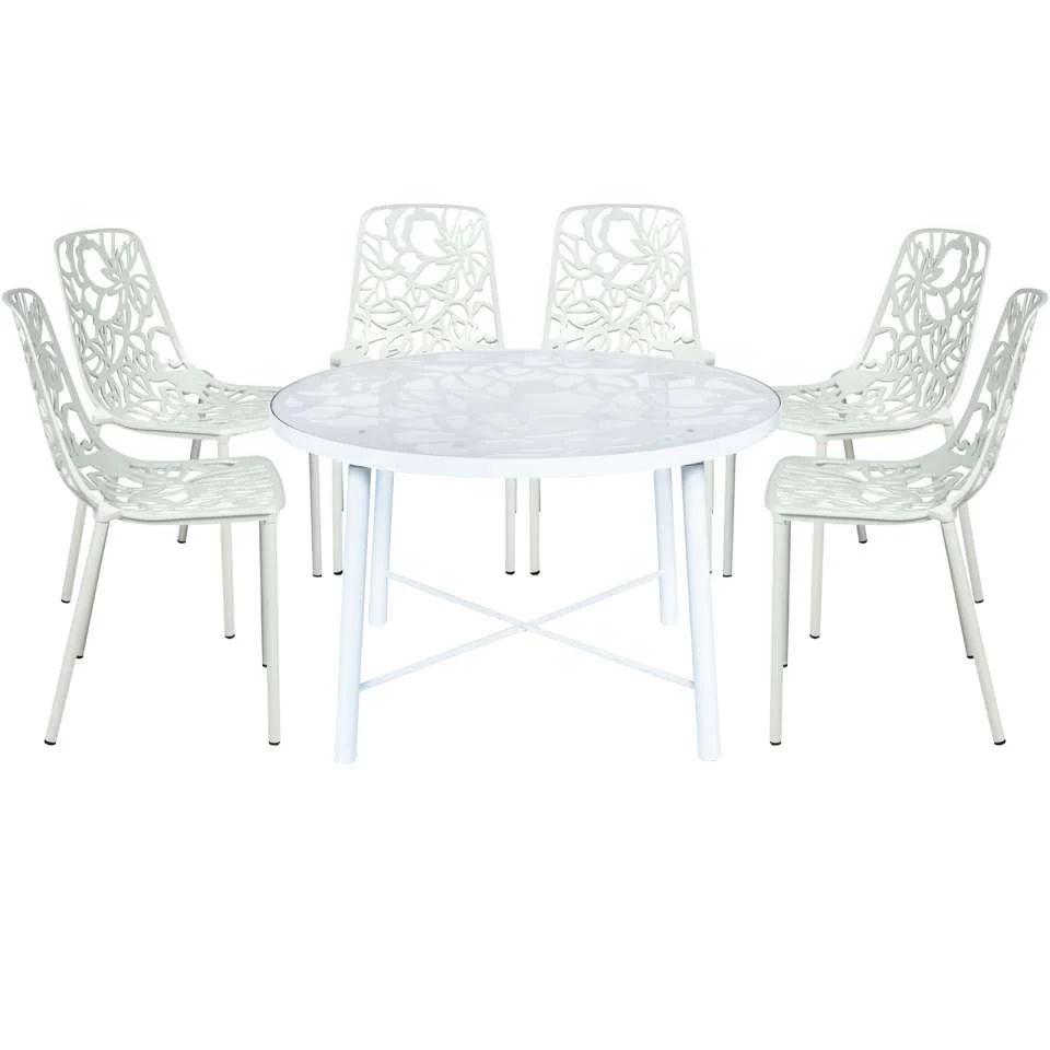 LeisureMod Devon Mid-Century Modern 7-Piece Aluminum Outdoor Patio Dining Set with Tempered Glass Top Table and 6 Stackable
 - DT48C6BL - Image 43