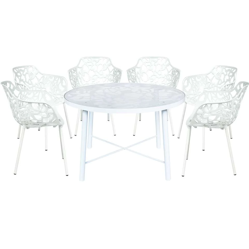 LeisureMod Devon Mid-Century Modern 7-Piece Aluminum Outdoor Patio Dining Set with Tempered Glass Top Table and 6 Stackable
 - DT48CABL6 - Image 42