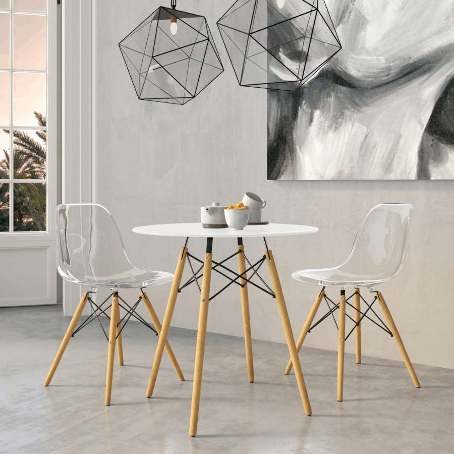 LeisureMod Dover Round Bistro Wood Top Dining Table W/ Natural Wood Eiffel Base - Image 6