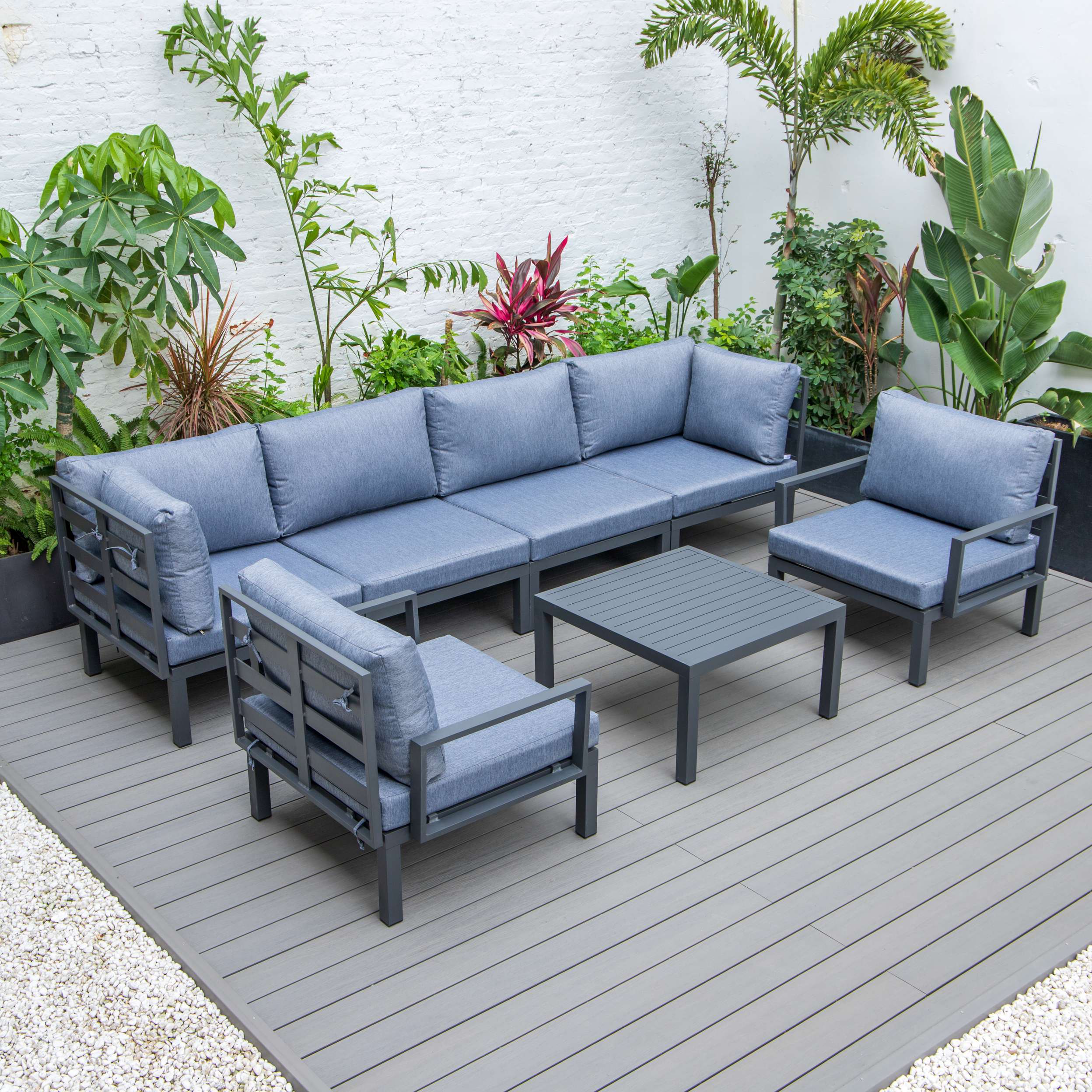 LeisureMod Hamilton 7-Piece Aluminum Patio Conversation Set With Coffee Table And Cushions - Image 24