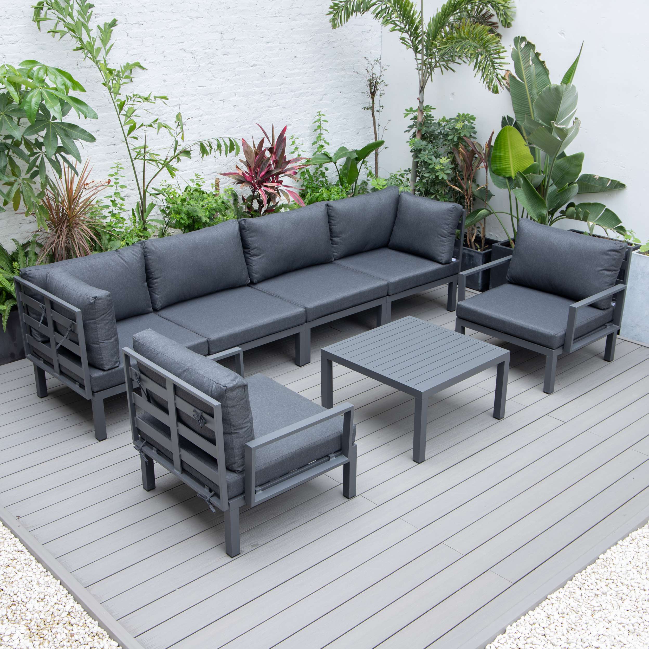 LeisureMod Hamilton 7-Piece Aluminum Patio Conversation Set With Coffee Table And Cushions - Image 4