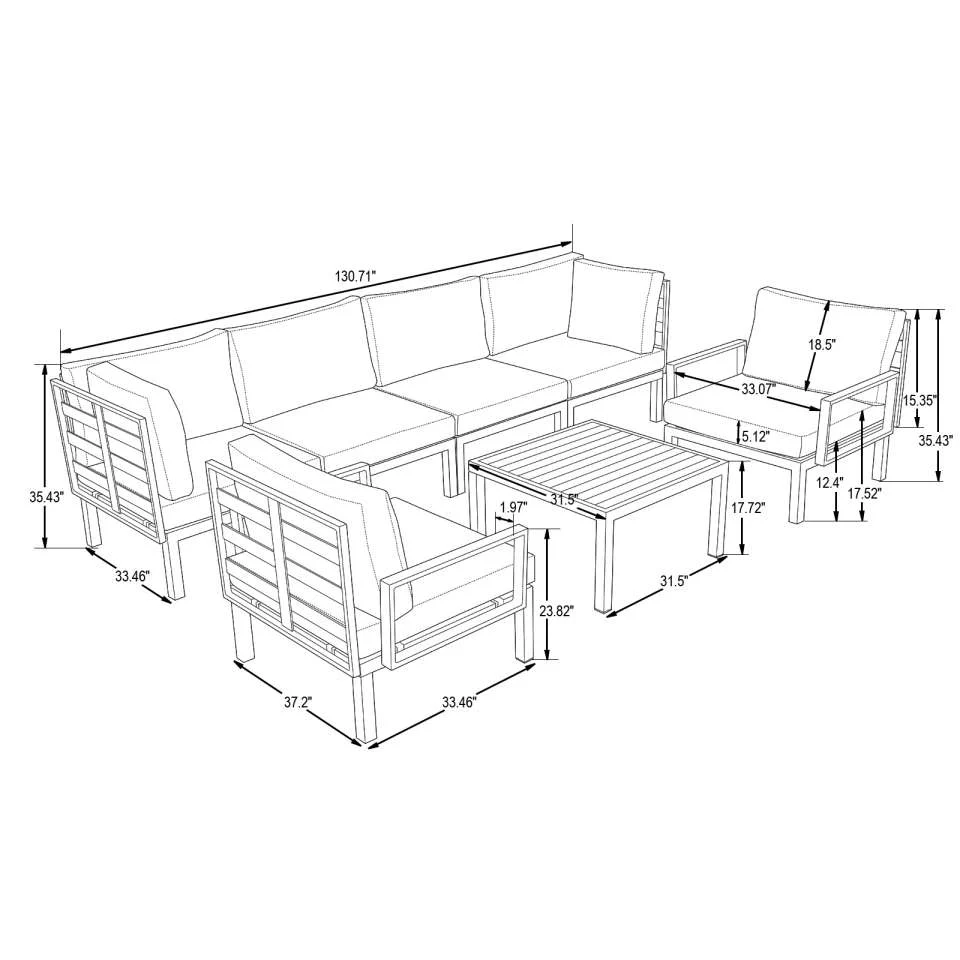 LeisureMod Hamilton 7-Piece Aluminum Patio Conversation Set With Coffee Table And Cushions - Image 41