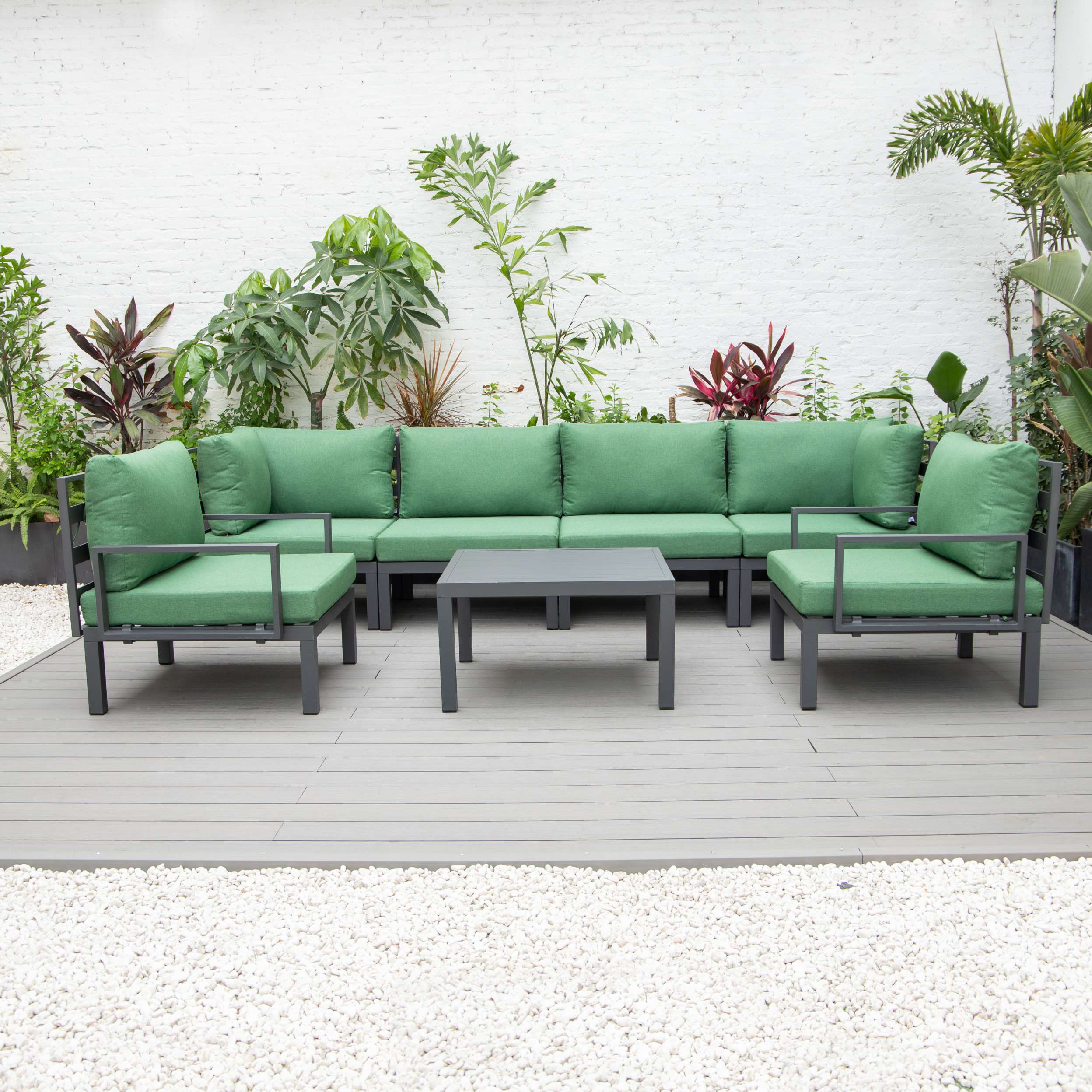 LeisureMod Hamilton 7-Piece Aluminum Patio Conversation Set With Coffee Table And Cushions - Image 43