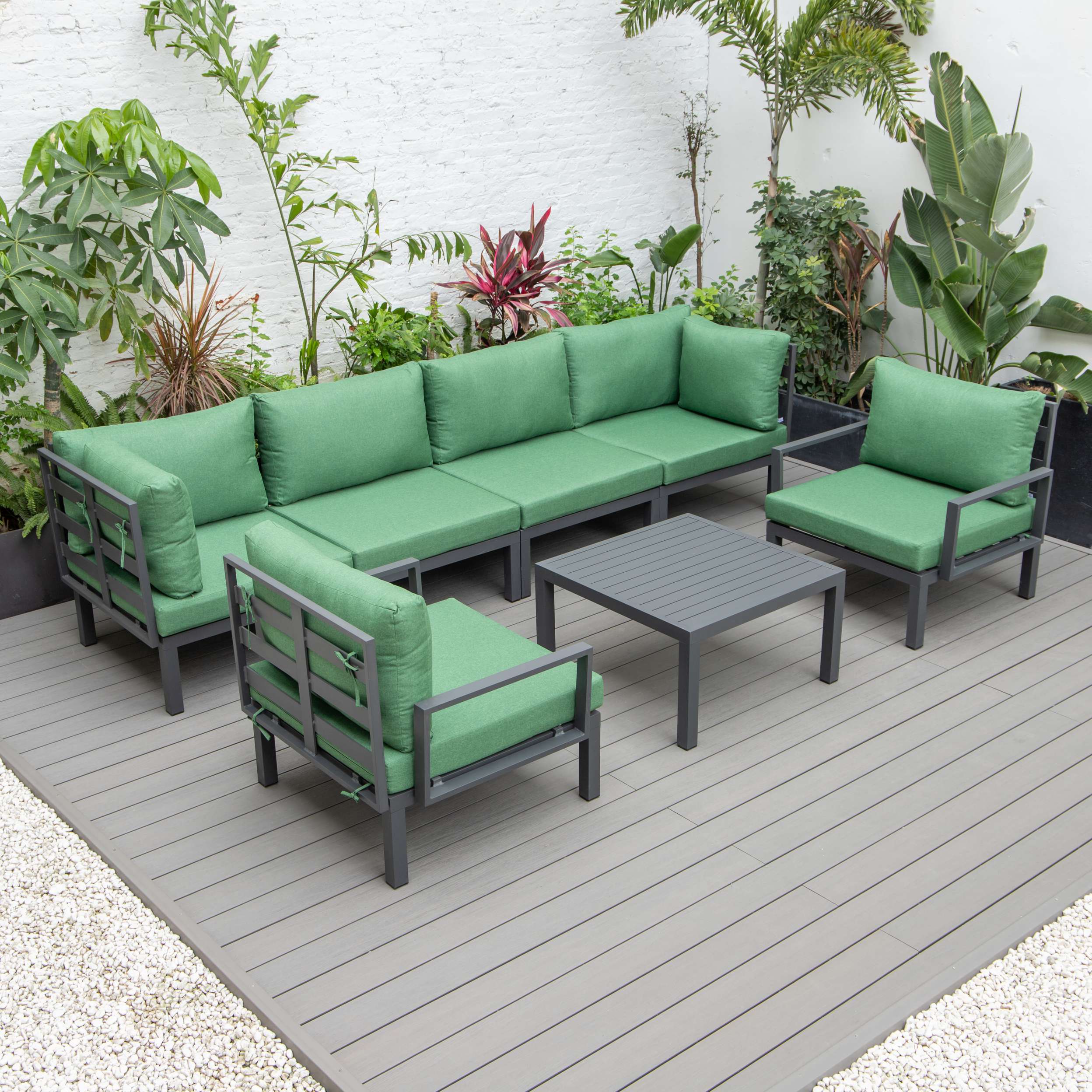 LeisureMod Hamilton 7-Piece Aluminum Patio Conversation Set With Coffee Table And Cushions - Image 44