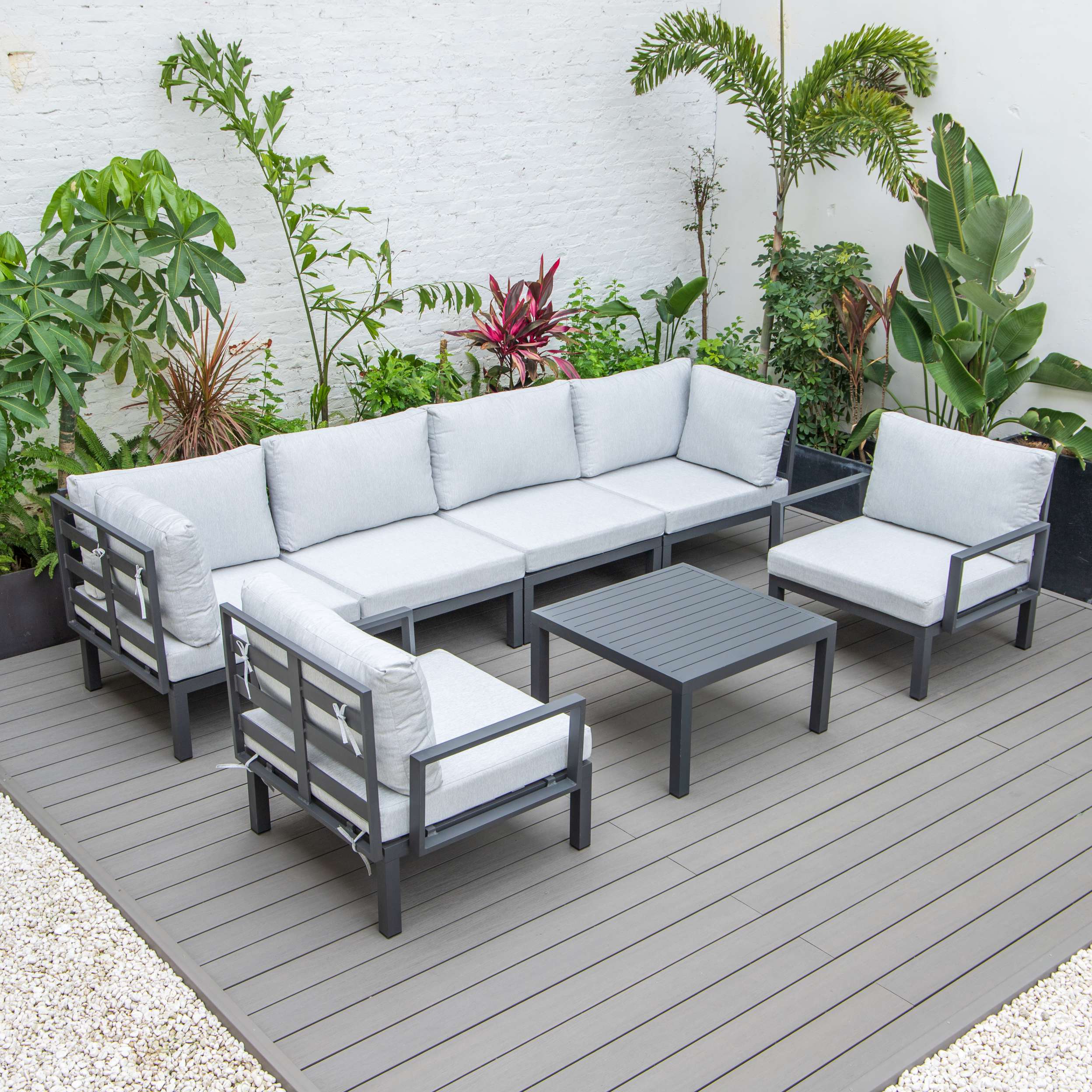 LeisureMod Hamilton 7-Piece Aluminum Patio Conversation Set With Coffee Table And Cushions - Image 63